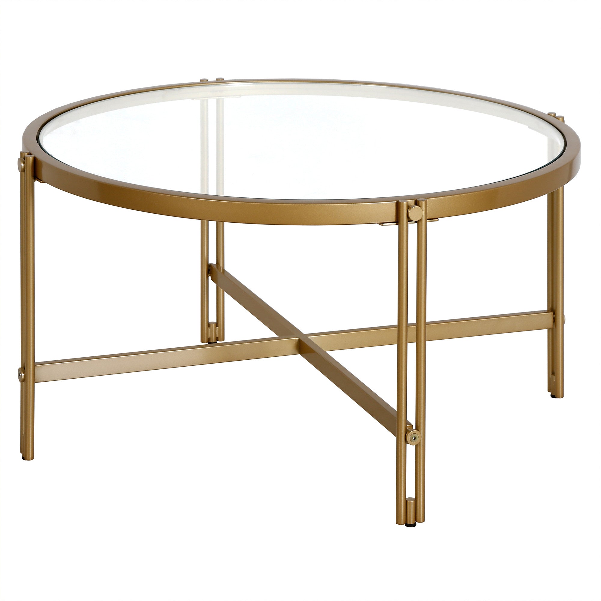 32" Gold Glass And Steel Round Coffee Table