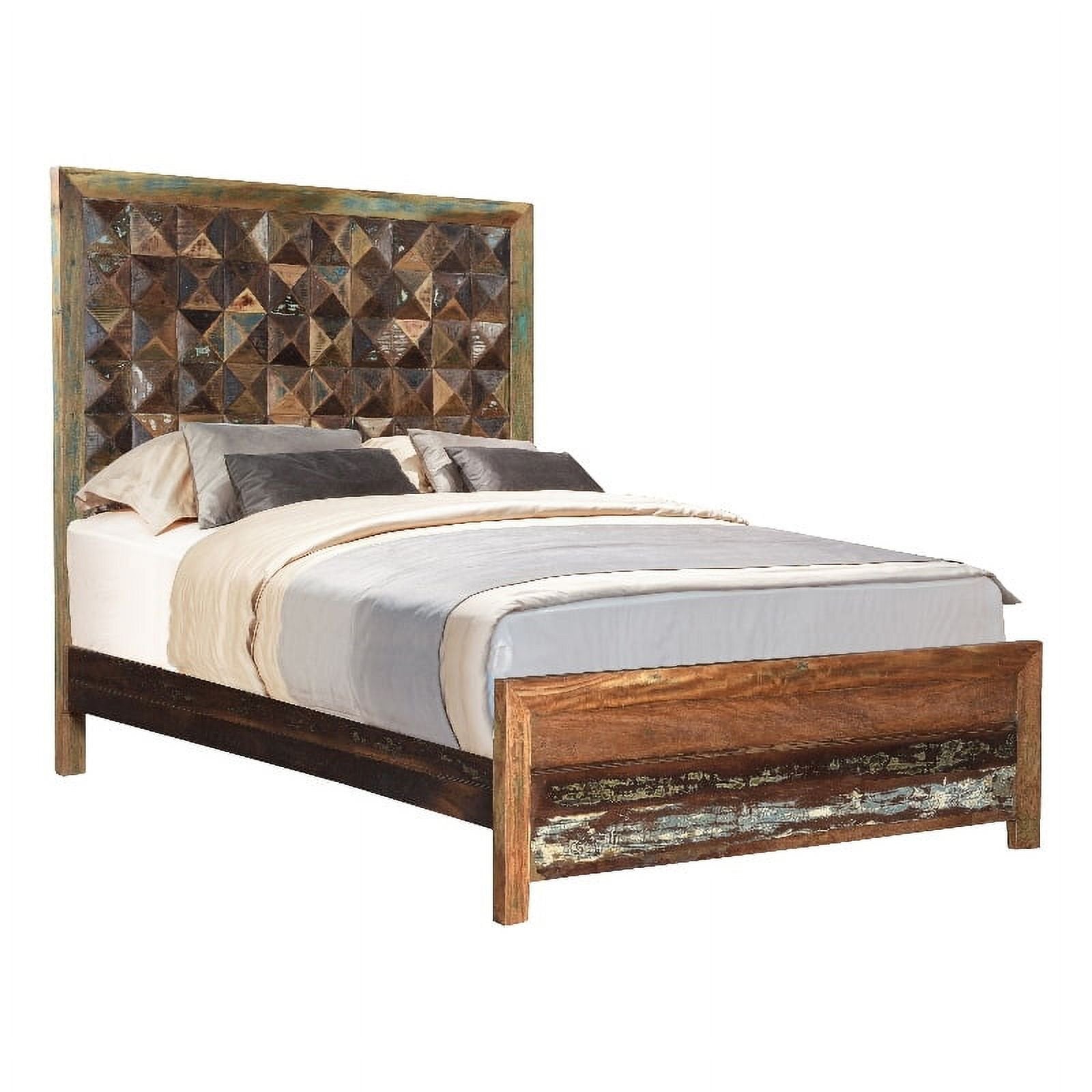 Solid Reclaimed Wood Queen Brown Geometric Panel Bed