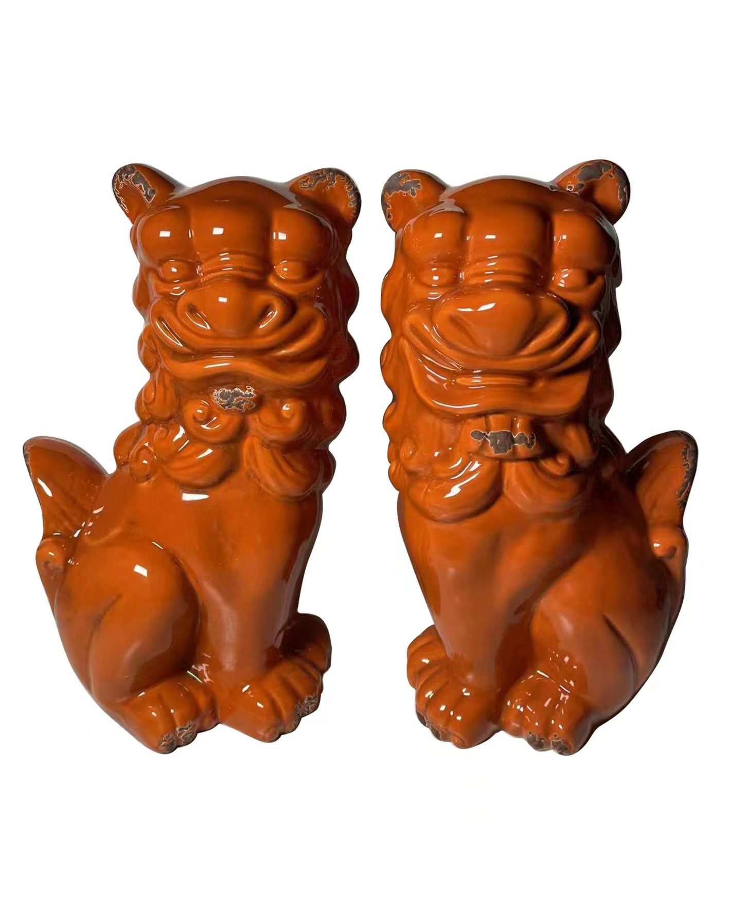 Set of Two Orange Ceramic Dog Sculptures