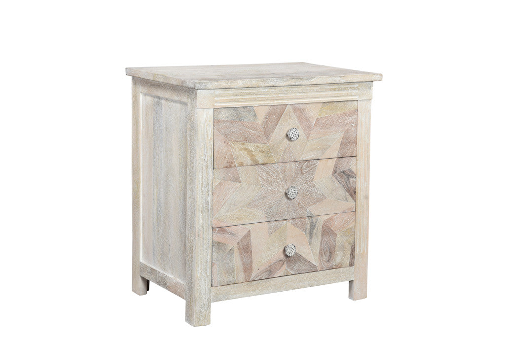 30" Distressed White Three Drawer Geometric Pattern Solid Wood Nightstand