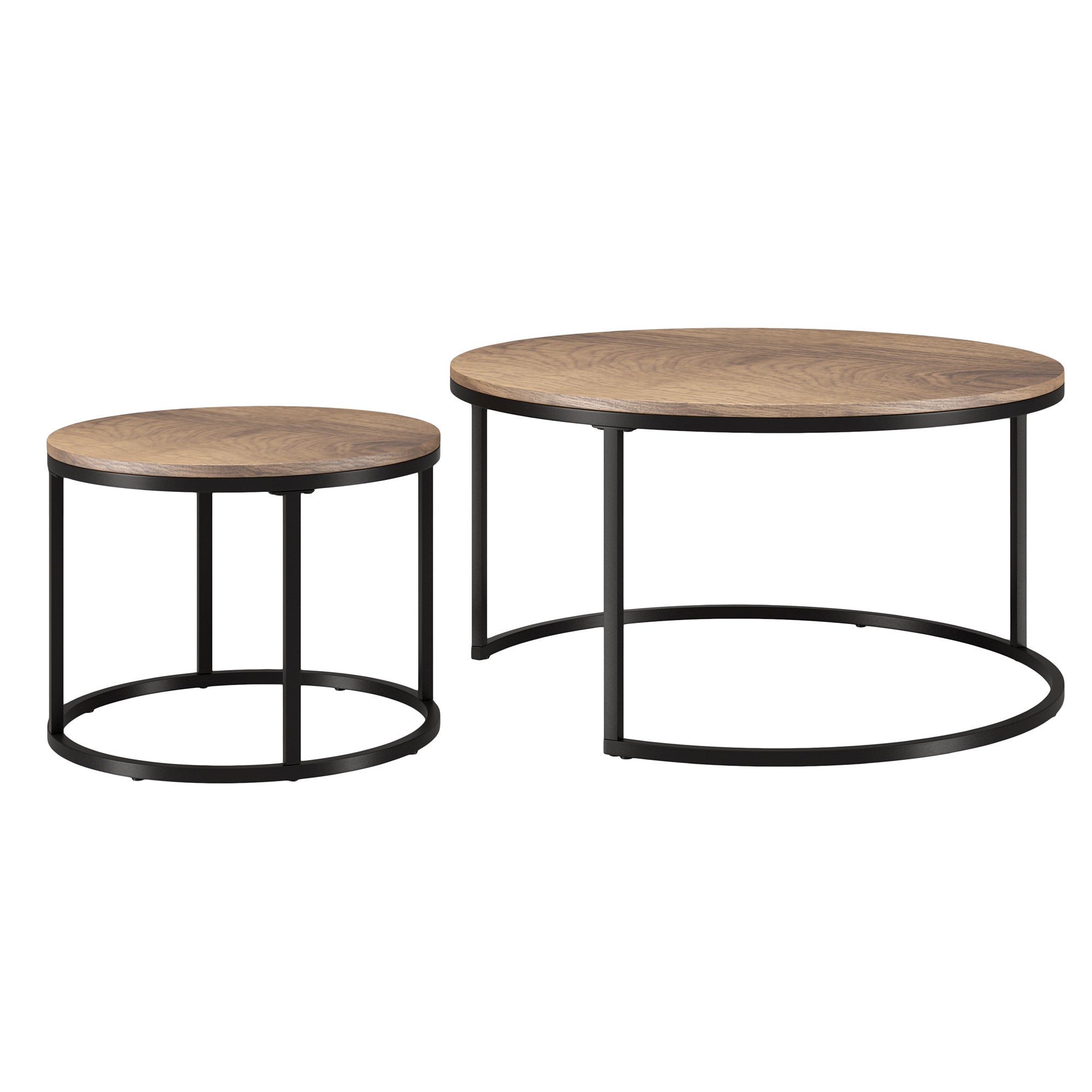 Set of Two 35" Brown And Black Steel Round Nested Coffee Tables