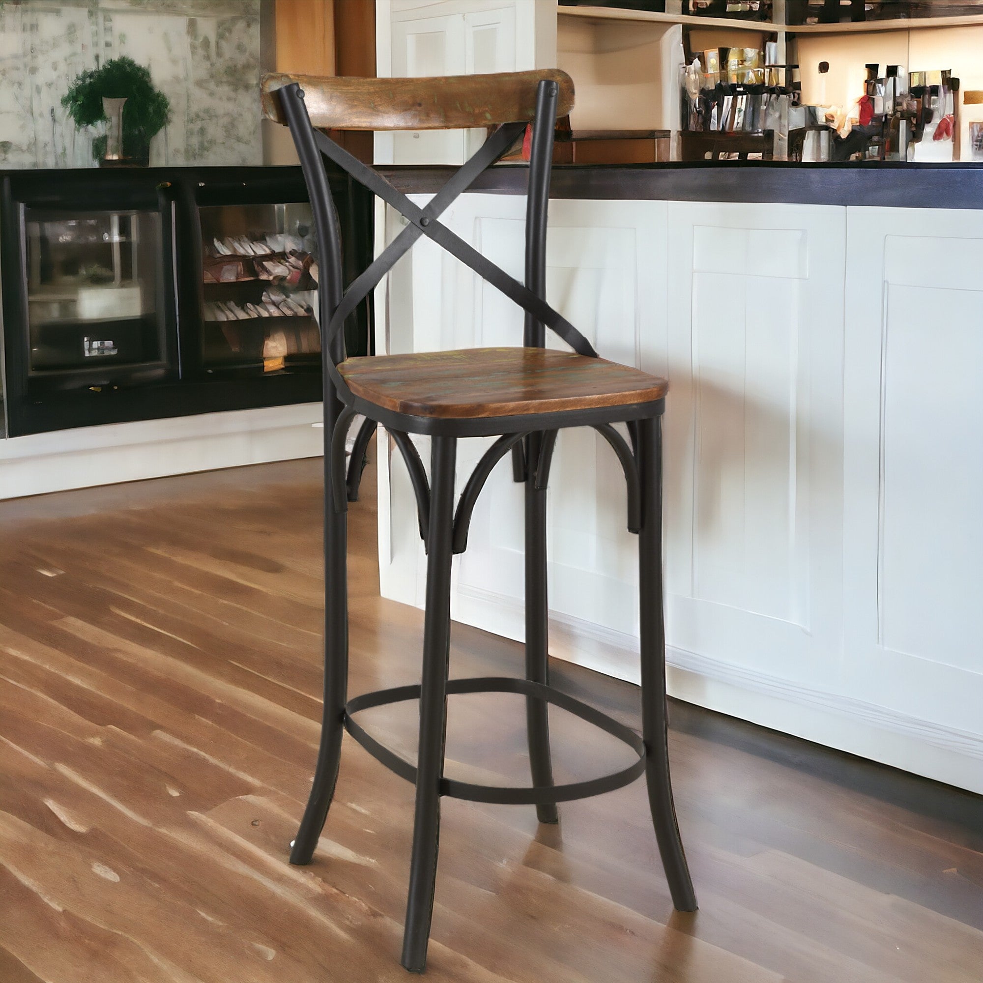 30" Brown And Black Metal Counter Height Bar Chair