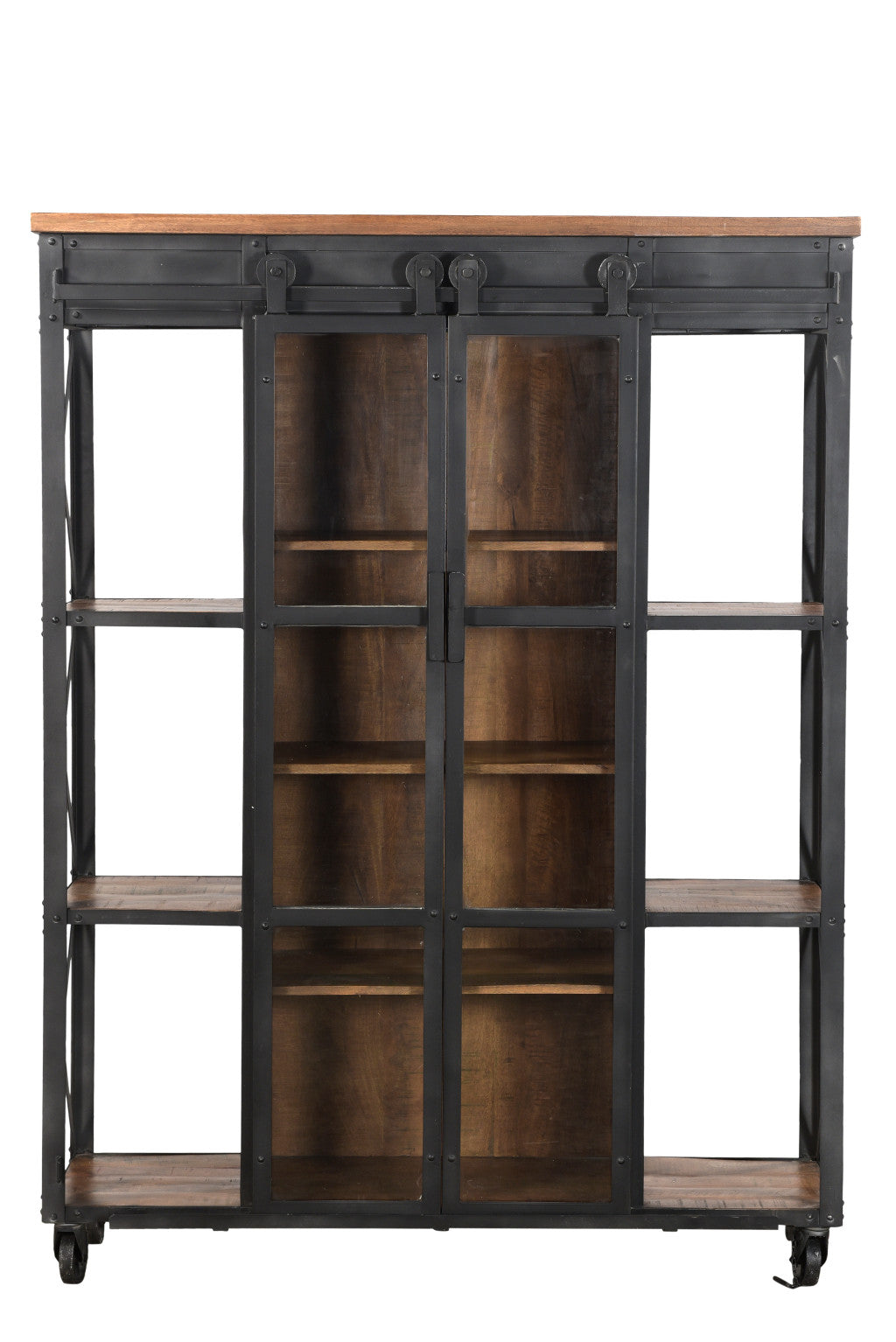 73" Brown Metal and Solid Wood Six Tier Bookcase with Two doors