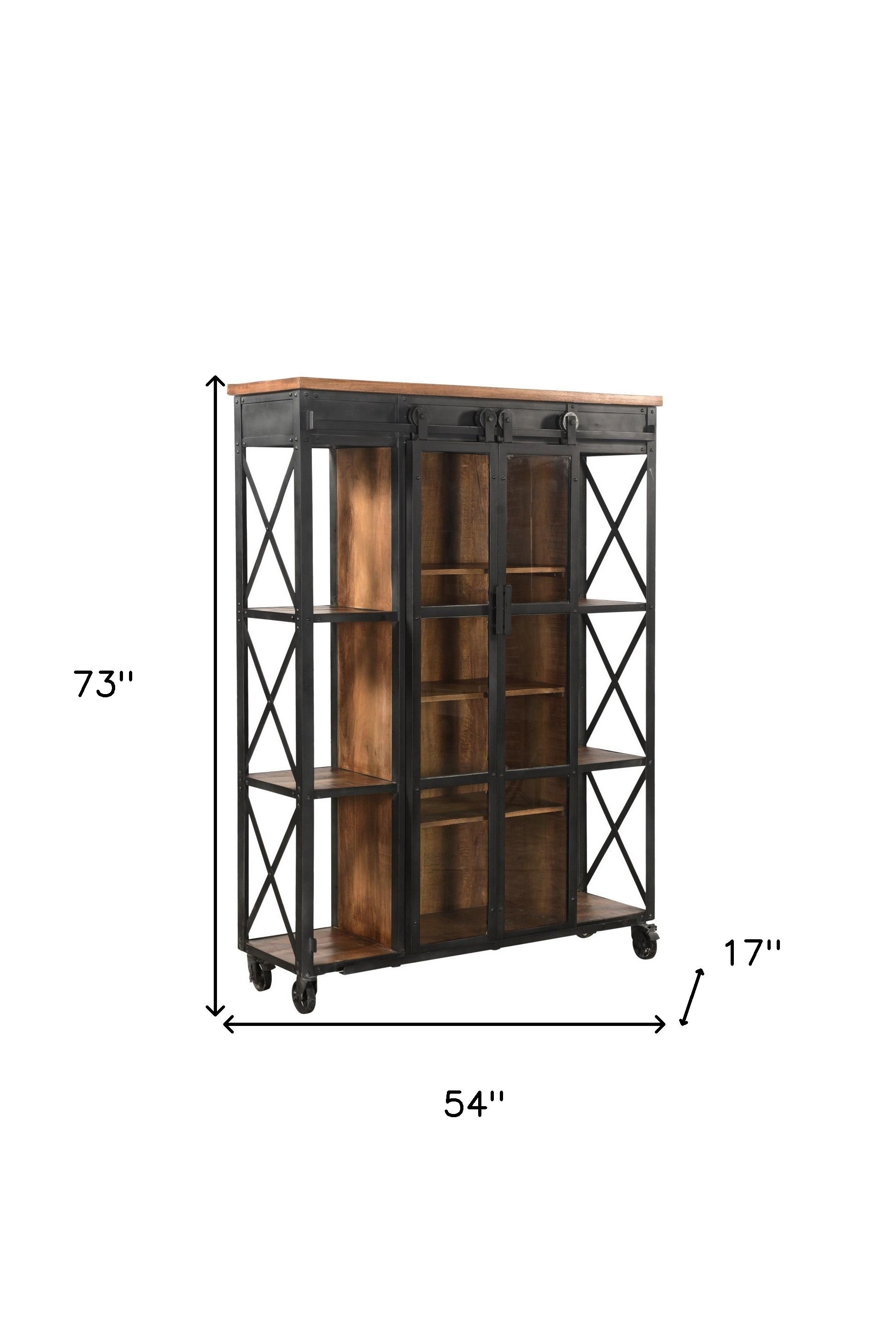 73" Brown Metal and Solid Wood Six Tier Bookcase with Two doors