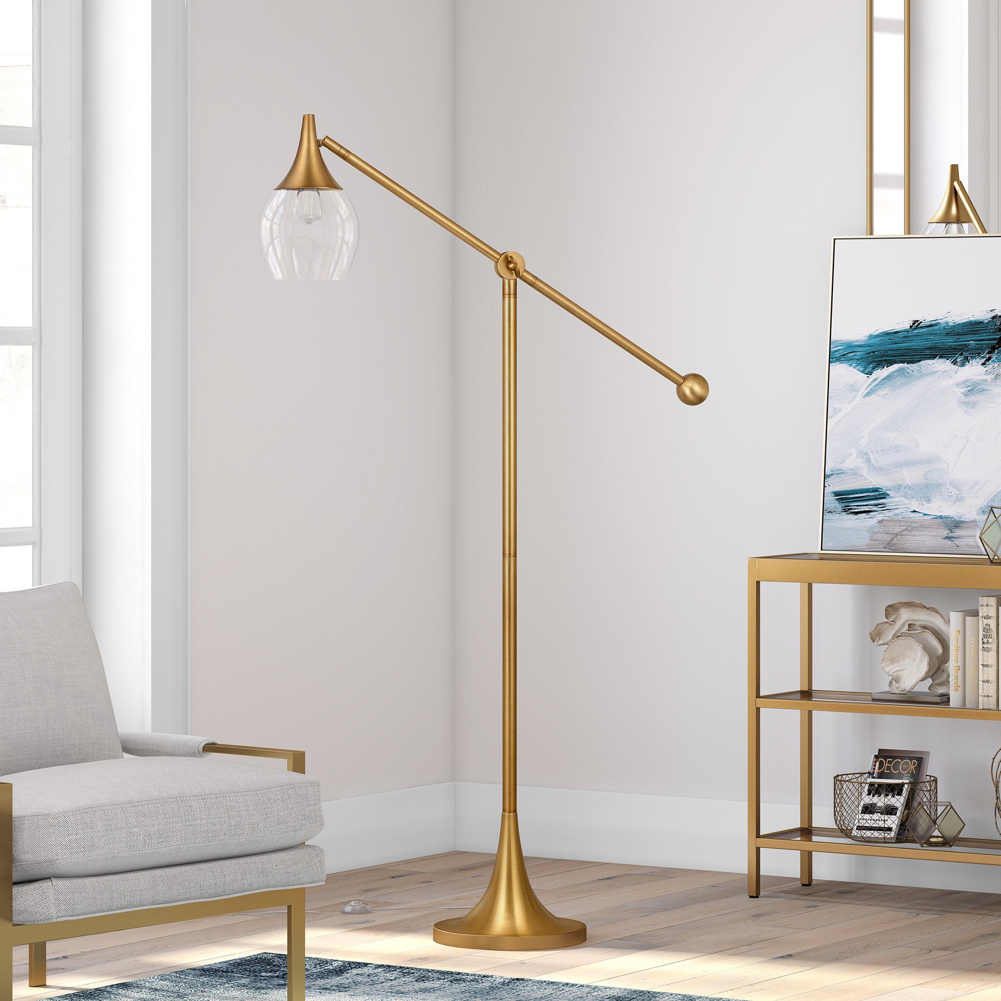 59" Brass Reading Floor Lamp With Clear Transparent Glass Empire Shade