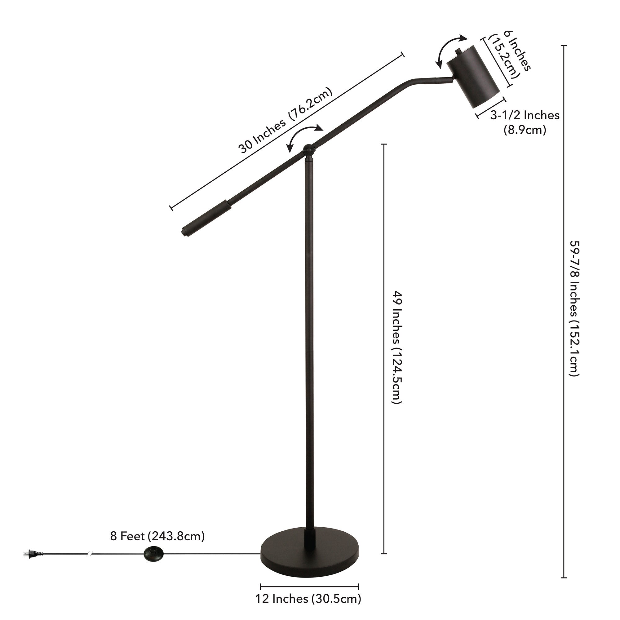 60" Black Swing Arm Floor Lamp With Black Drum Shade