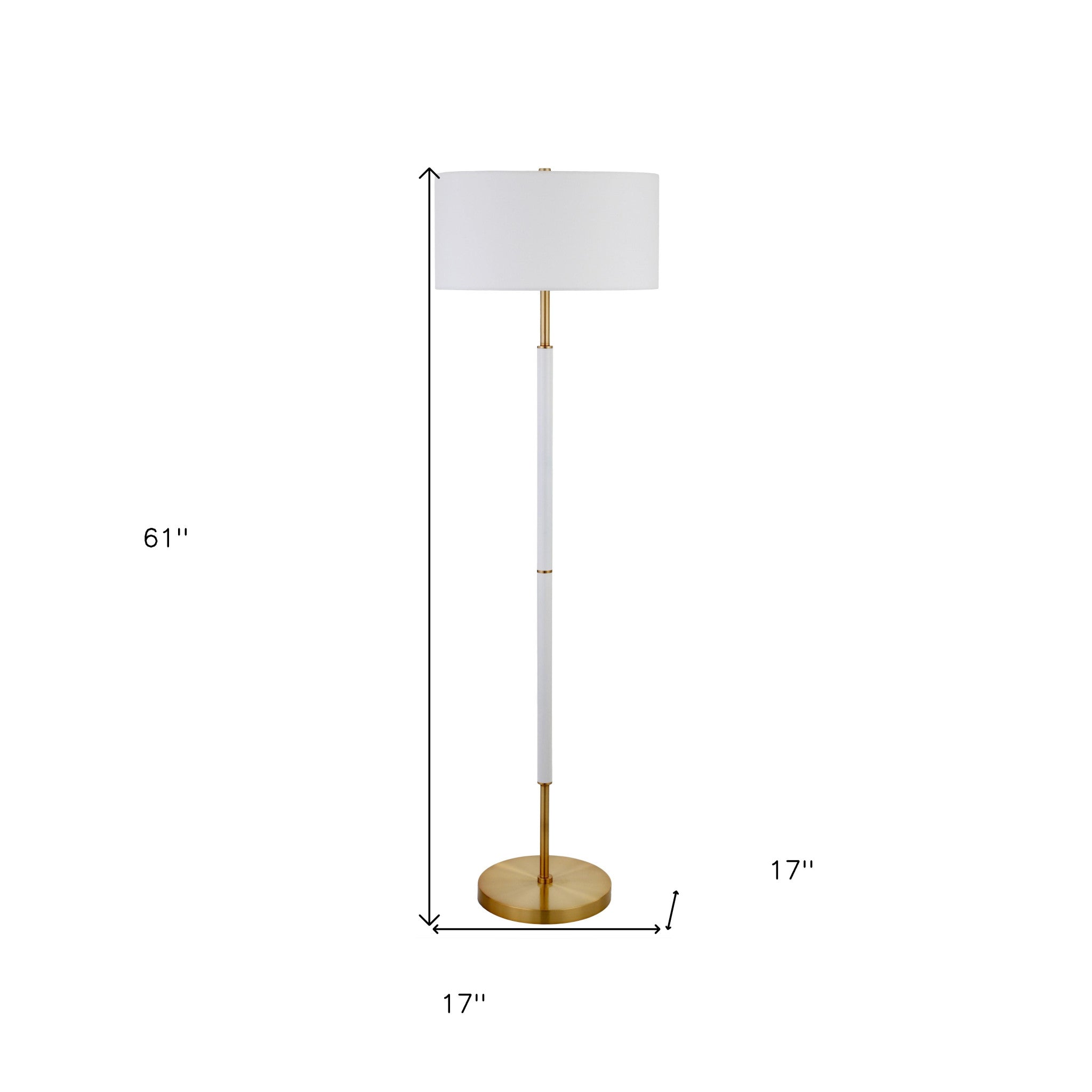 61" Brass Two Light Floor Lamp With White Frosted Glass Drum Shade