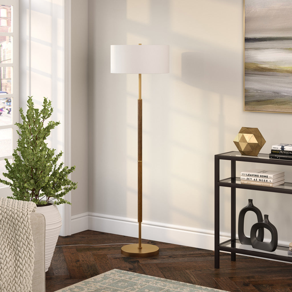 61" Brass Two Light Floor Lamp With White Frosted Glass Drum Shade