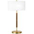 25" Gold and Oak Metal Two Light Table Lamp With White Drum Shade