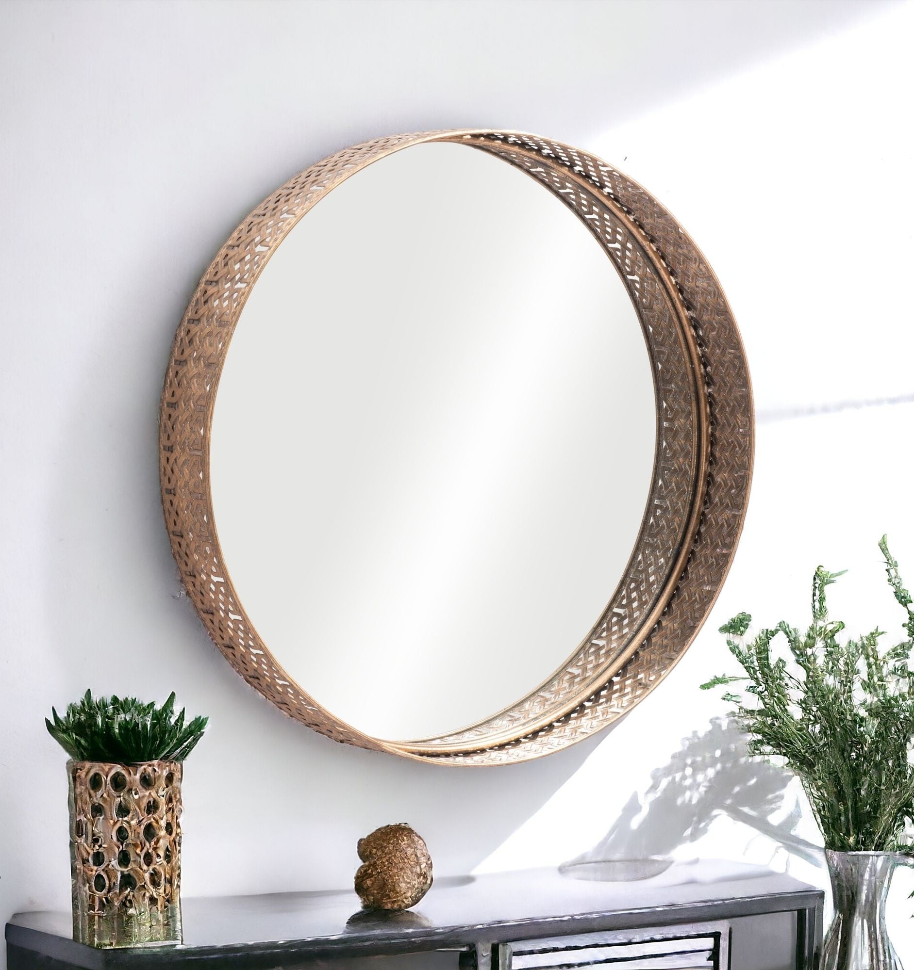 Gold Round Steel Framed Accent Mirror