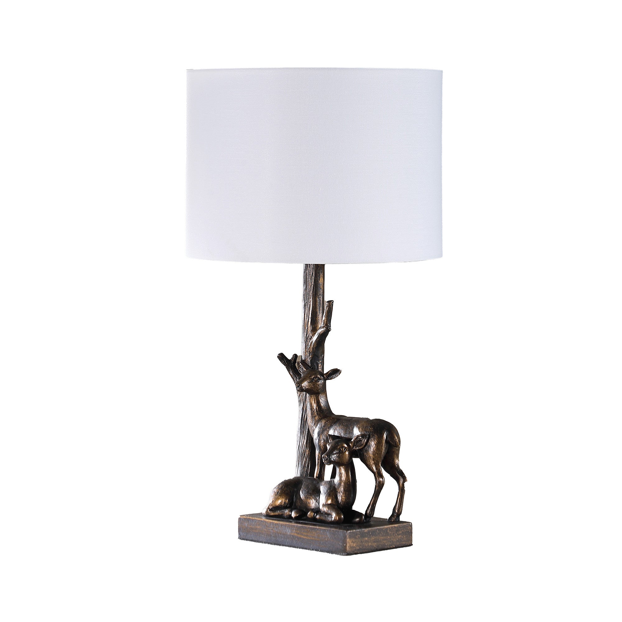 20" Bronze Mom and Baby Deer Table Lamp With White Drum Shade