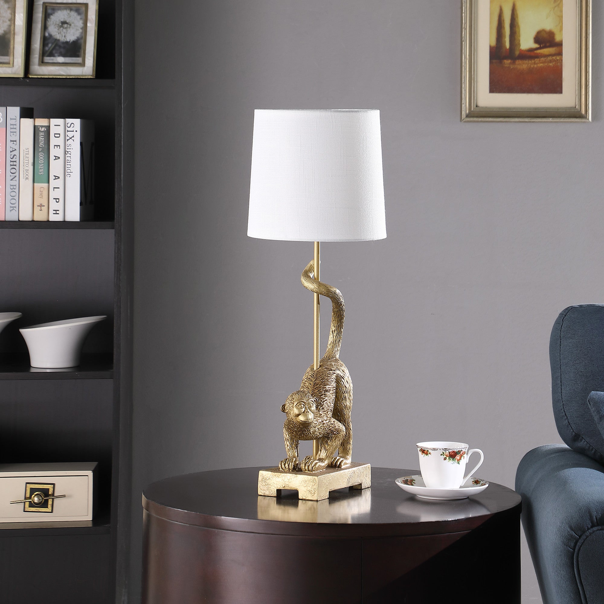 24" Gold Monkey Table Lamp With White Drum Shade