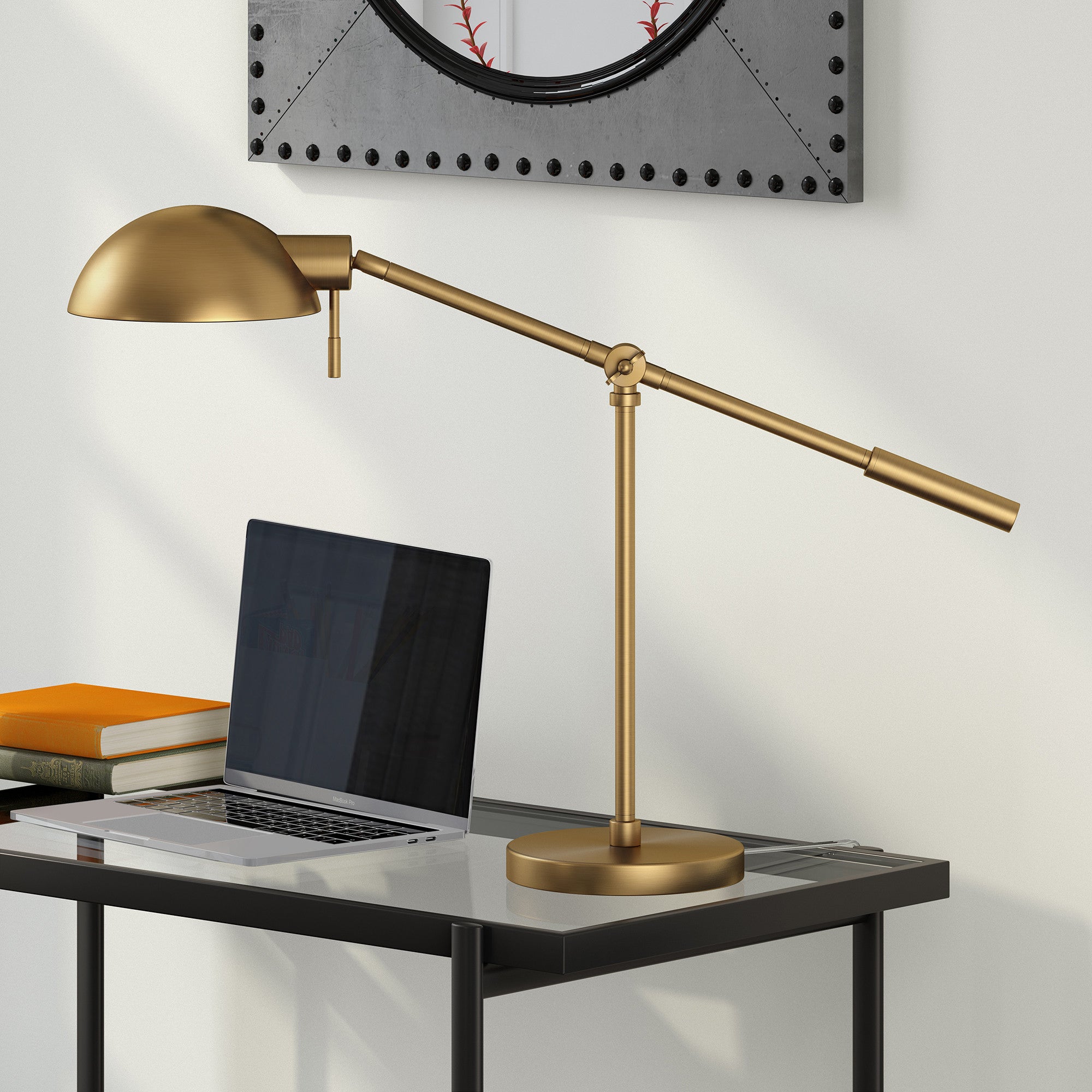 23" Brass Metal Desk Table Lamp With Brass Dome Shade