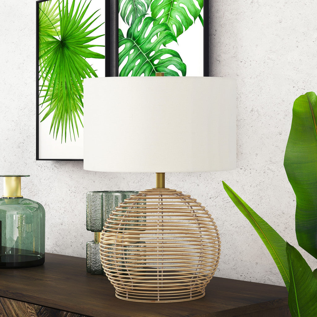 21" Natural Rattan Table Lamp With White Drum Shade