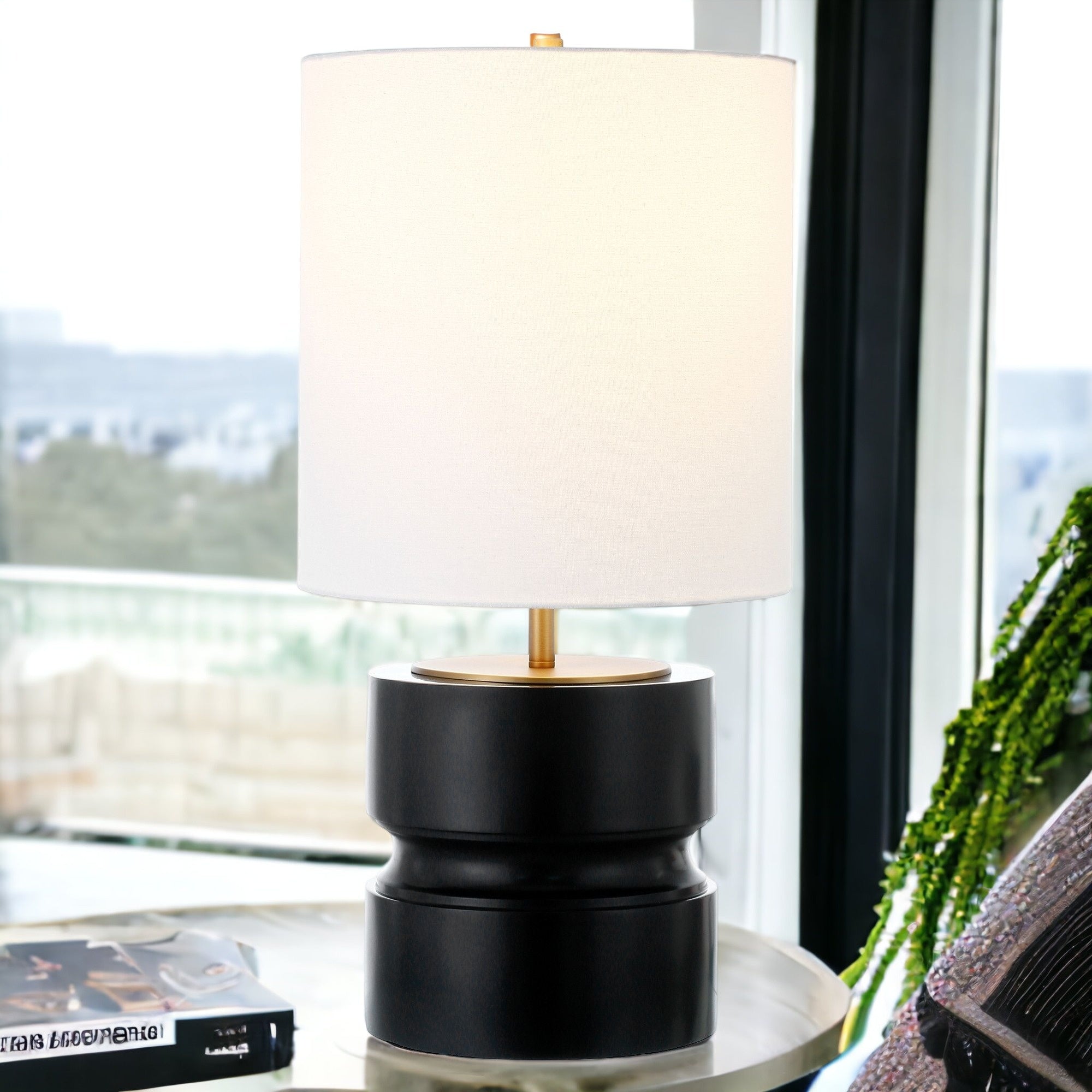 27" Black Metal Table Lamp With White Drum Shade