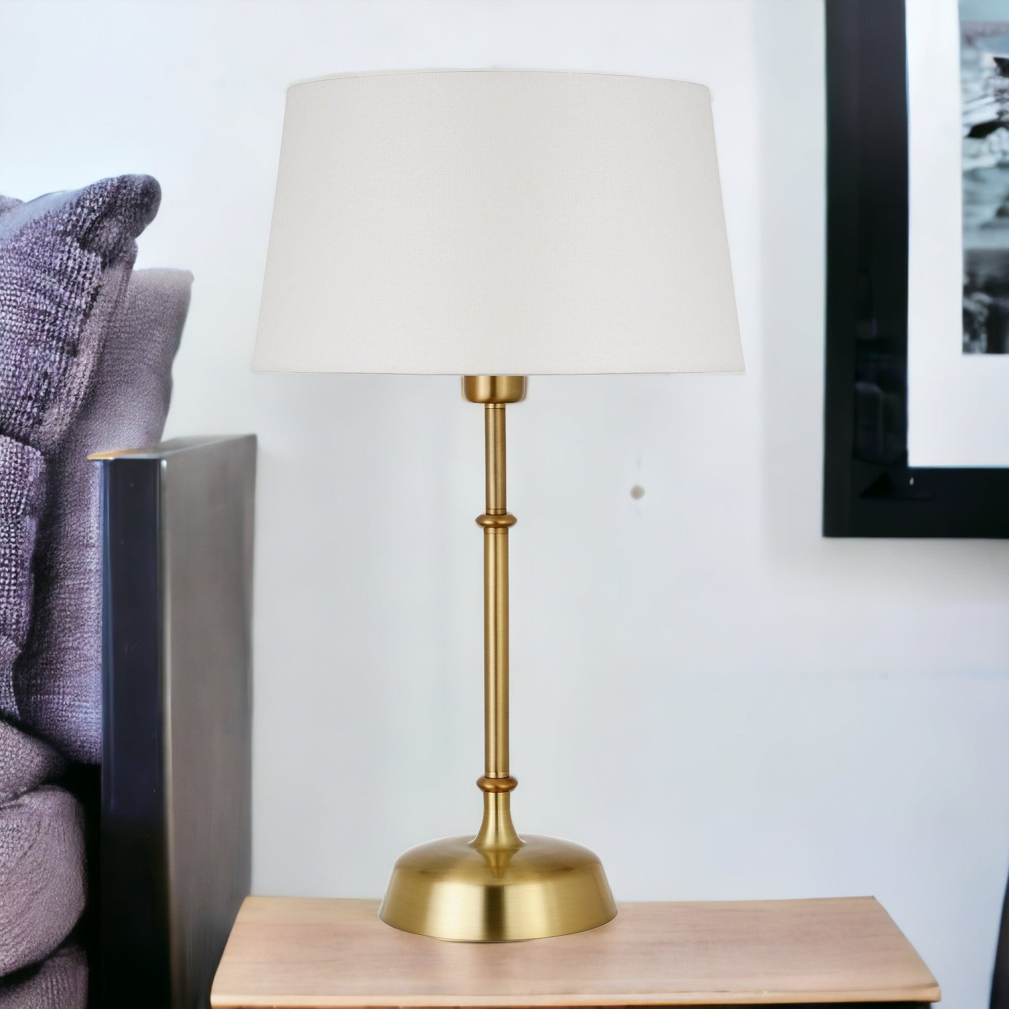 24" Gold Metal Table Lamp With White Drum Shade