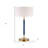 25" Blue and Gold Metal Two Light Table Lamp With White Drum Shade