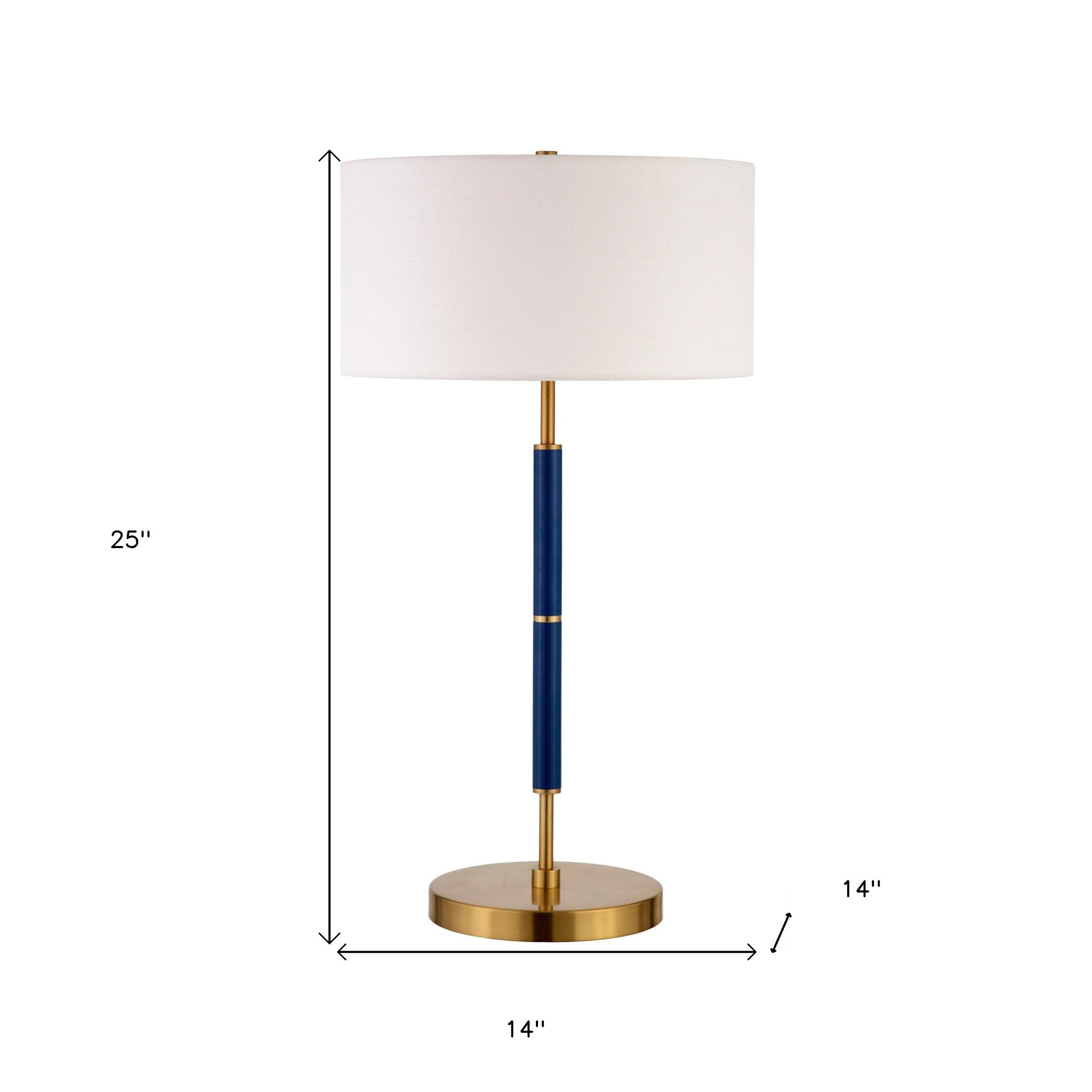 25" Blue and Gold Metal Two Light Table Lamp With White Drum Shade