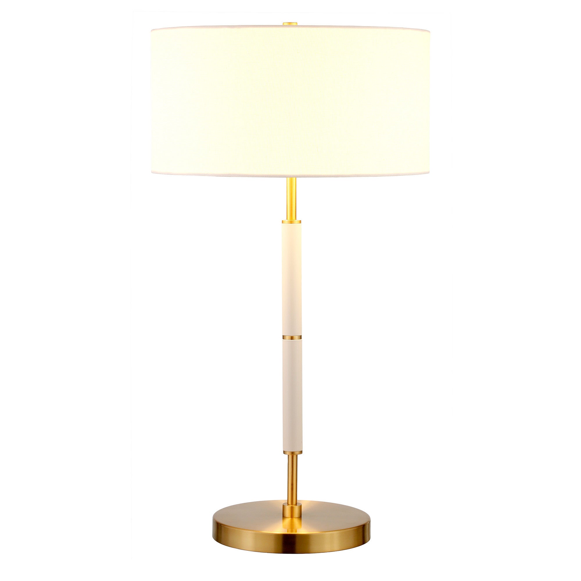 25" Gold and White Metal Two Light Table Lamp With White Drum Shade