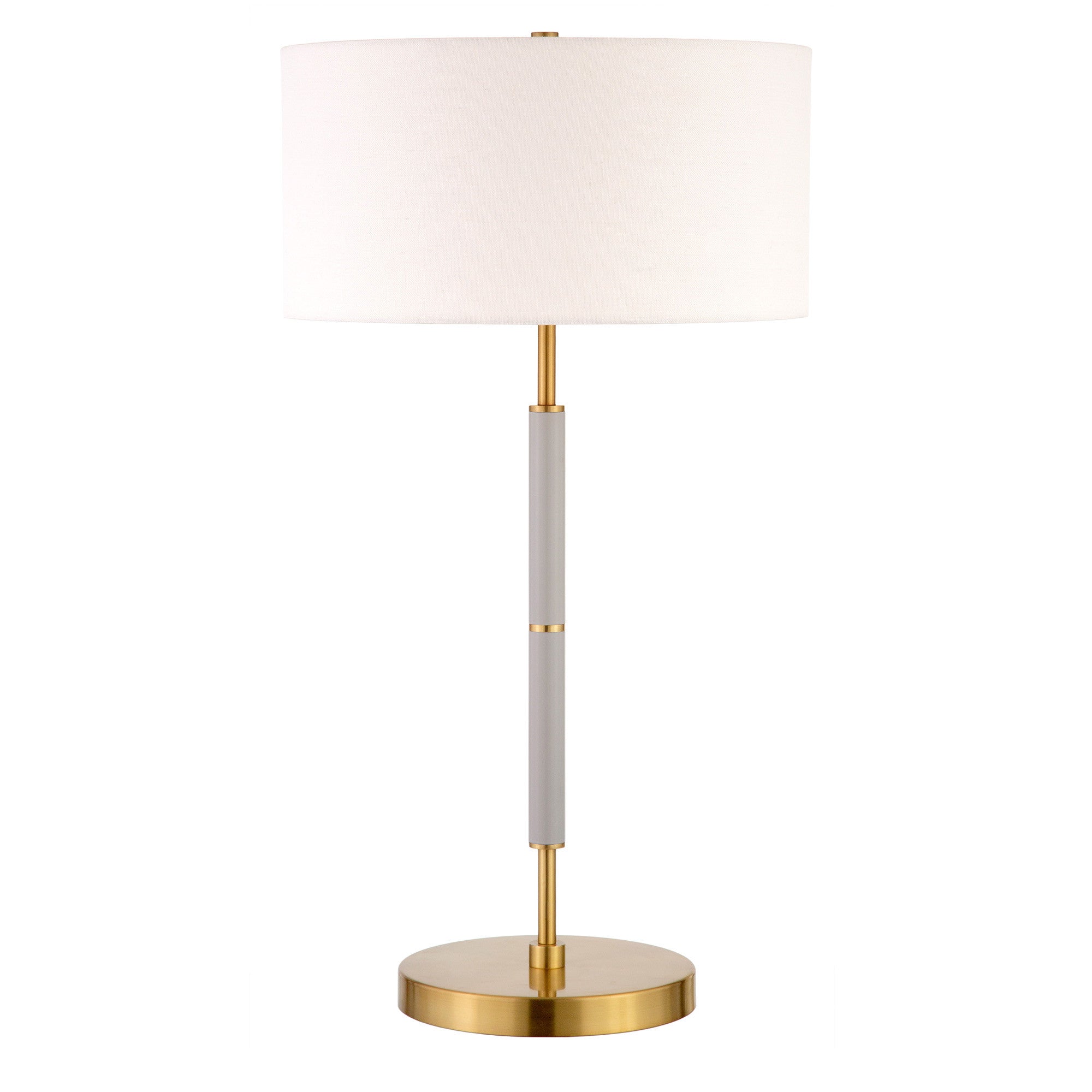 25" Gray and Gold Metal Two Light Table Lamp With White Drum Shade