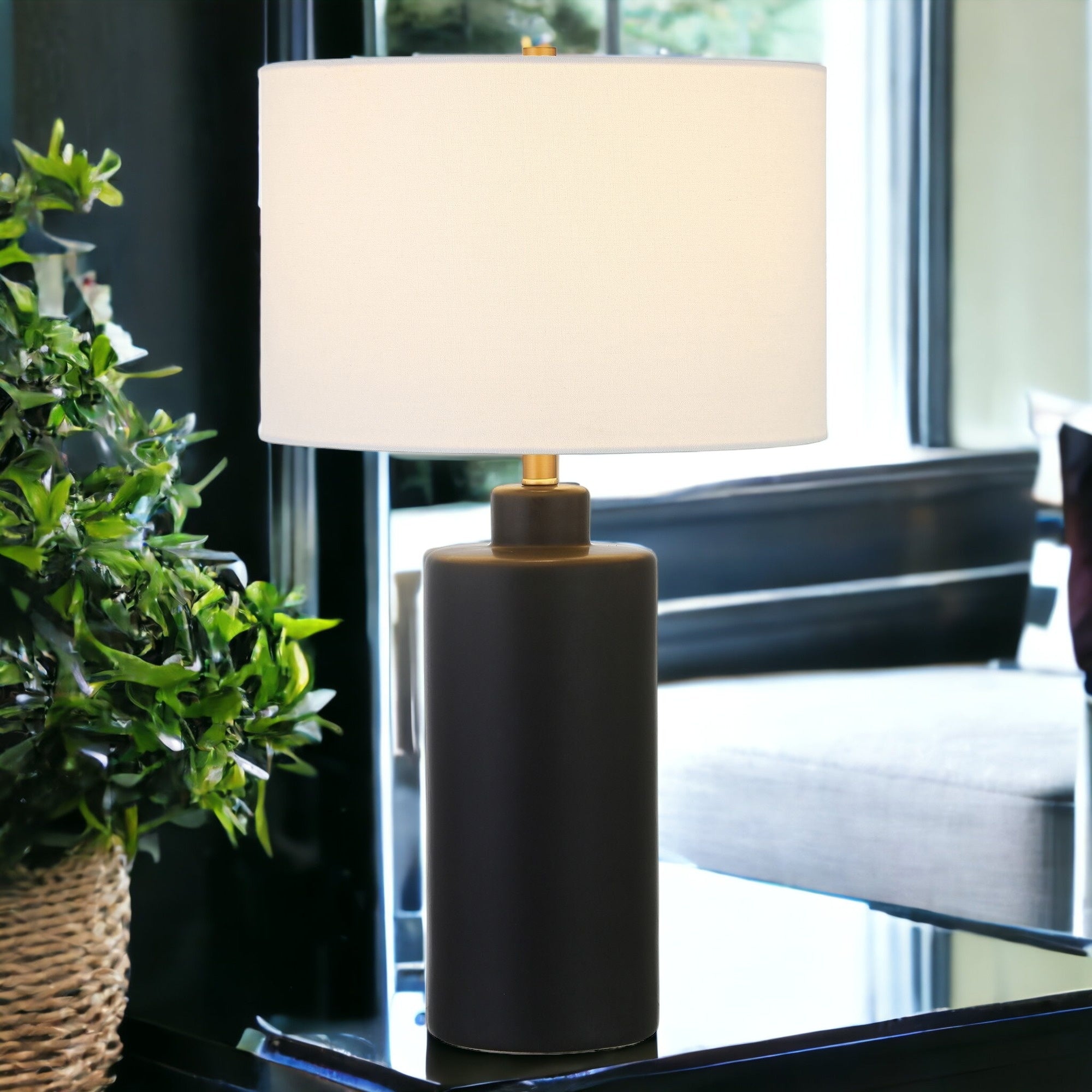 25" Black Ceramic Table Lamp With White Drum Shade