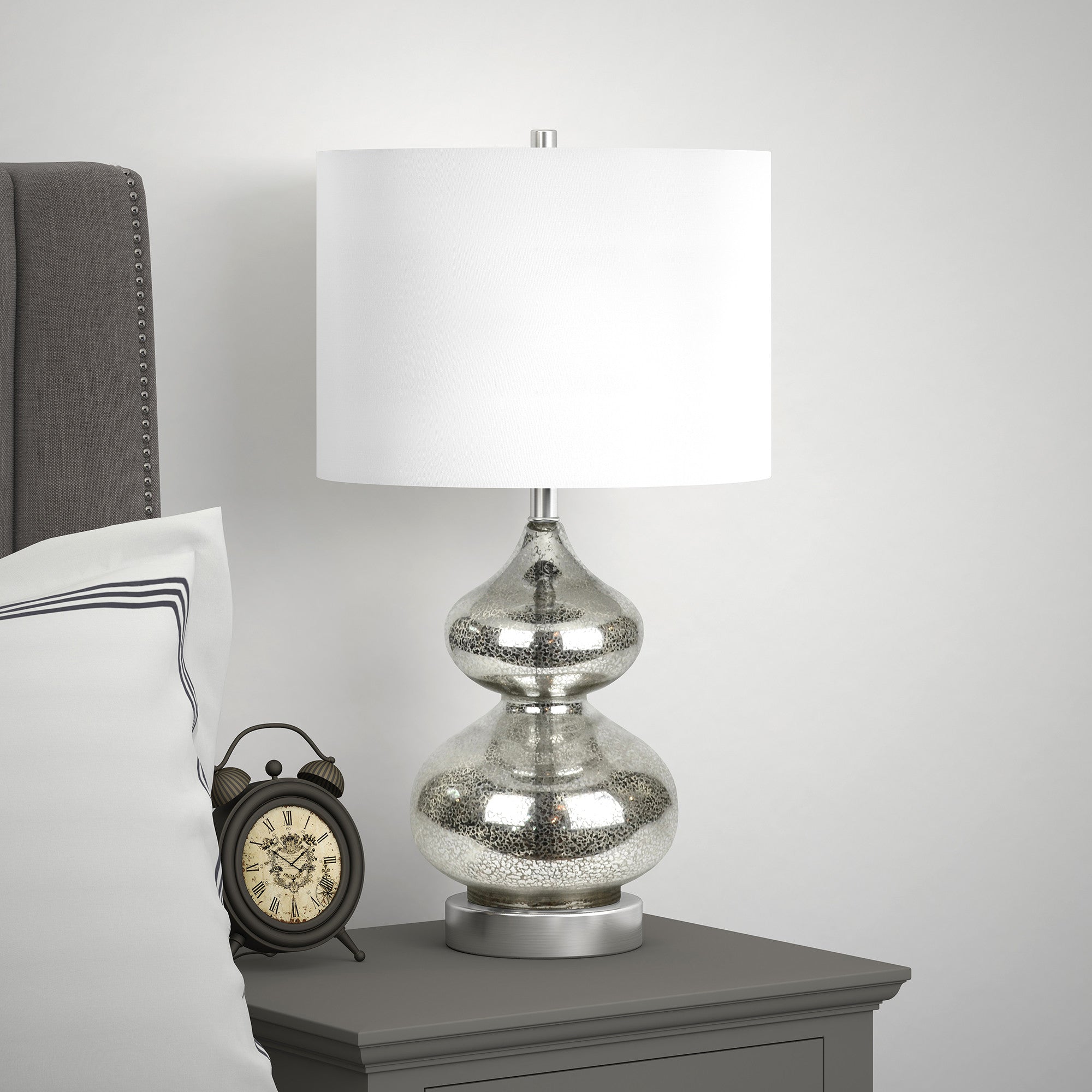 23" Nickel Glass Table Lamp With White Drum Shade