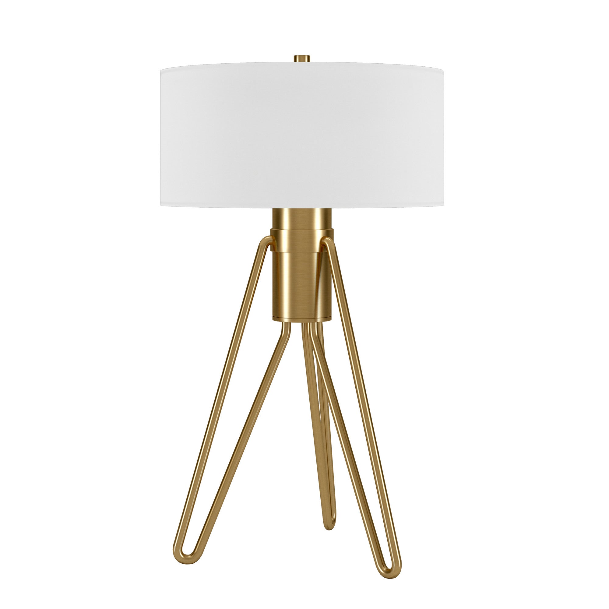 25" Brass Metal Two Light Tripod Table Lamp With White Drum Shade