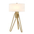 25" Brass Metal Two Light Tripod Table Lamp With White Drum Shade