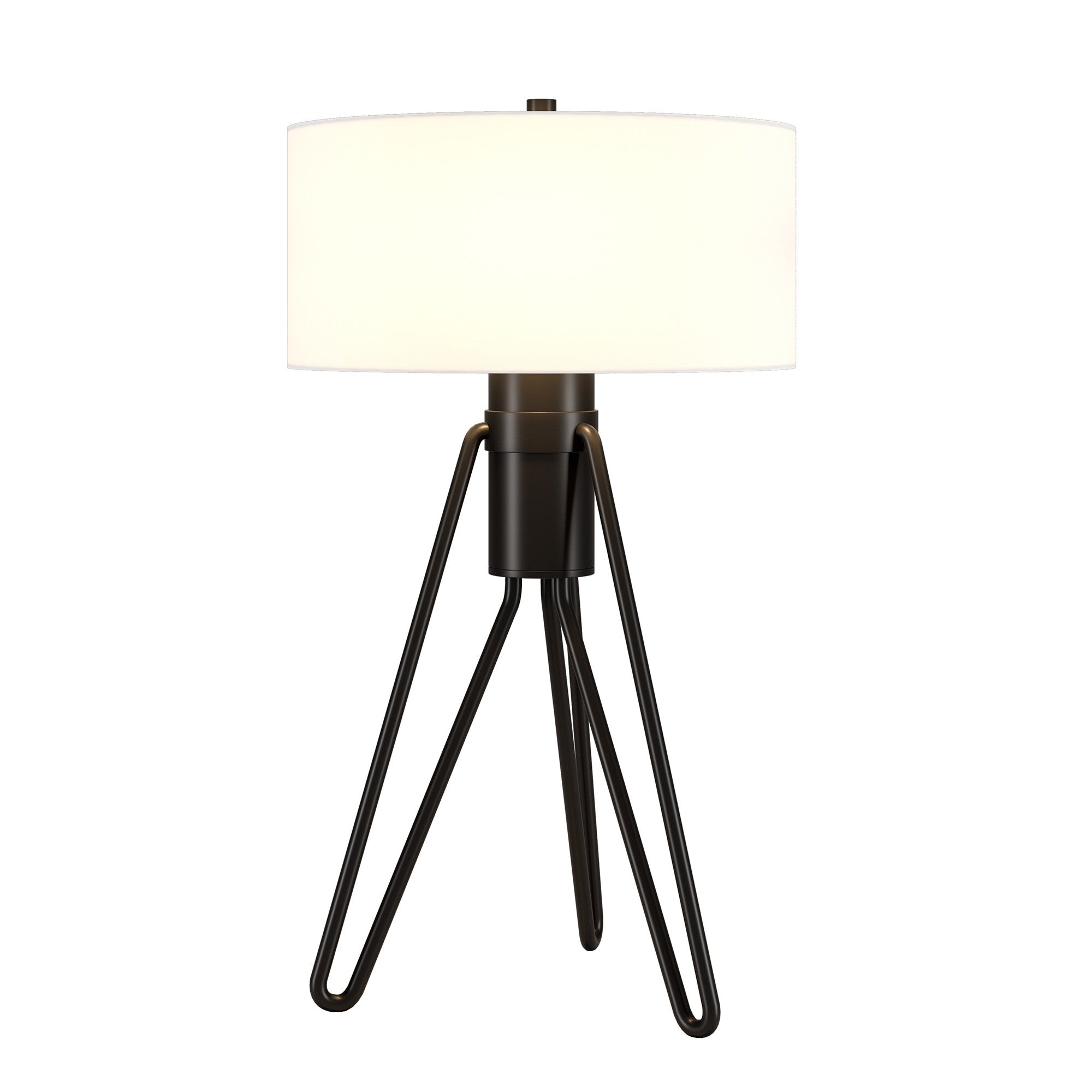 25" Black Metal Two Light Tripod Table Lamp With White Drum Shade