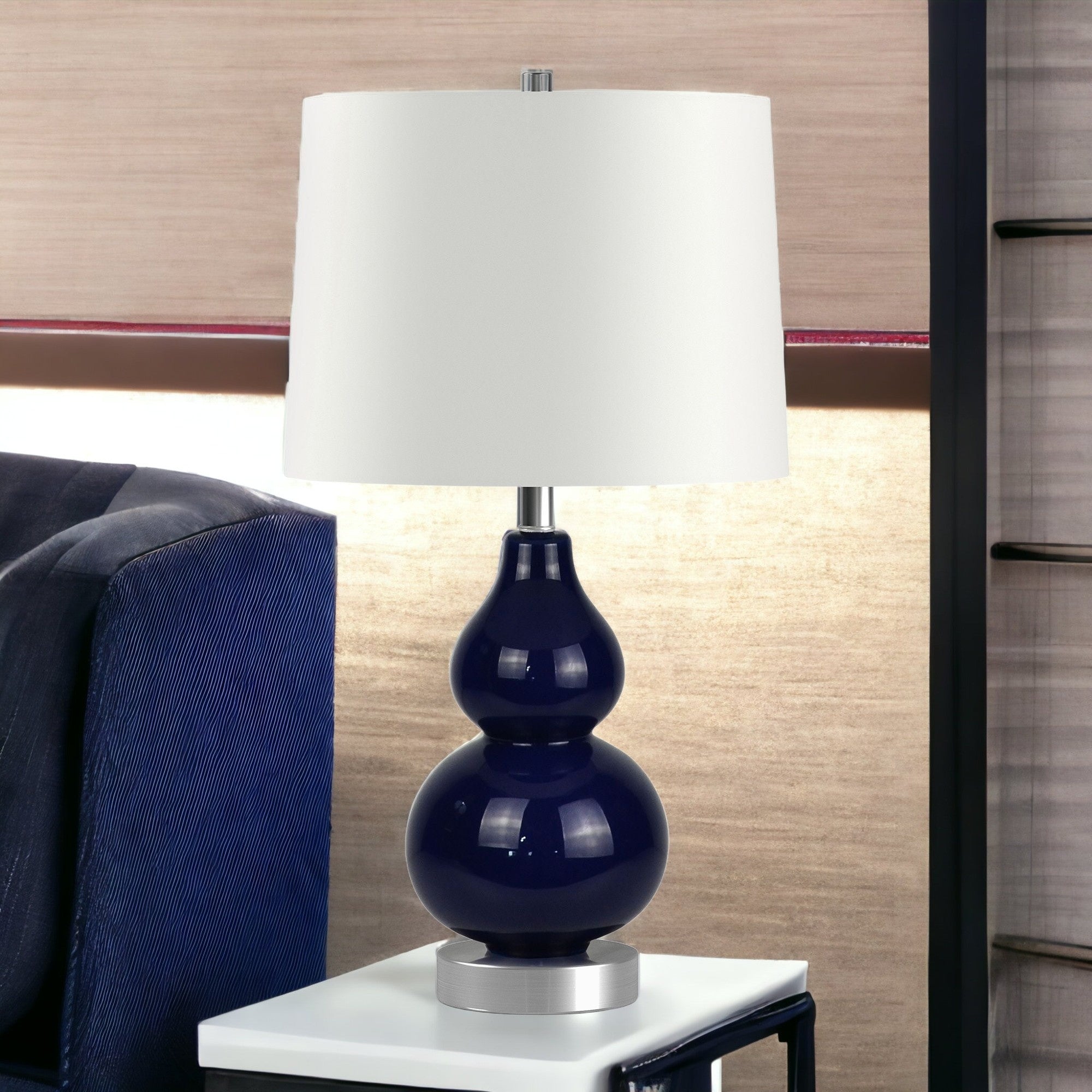 21" Blue and Silver Glass Table Lamp With White Drum Shade