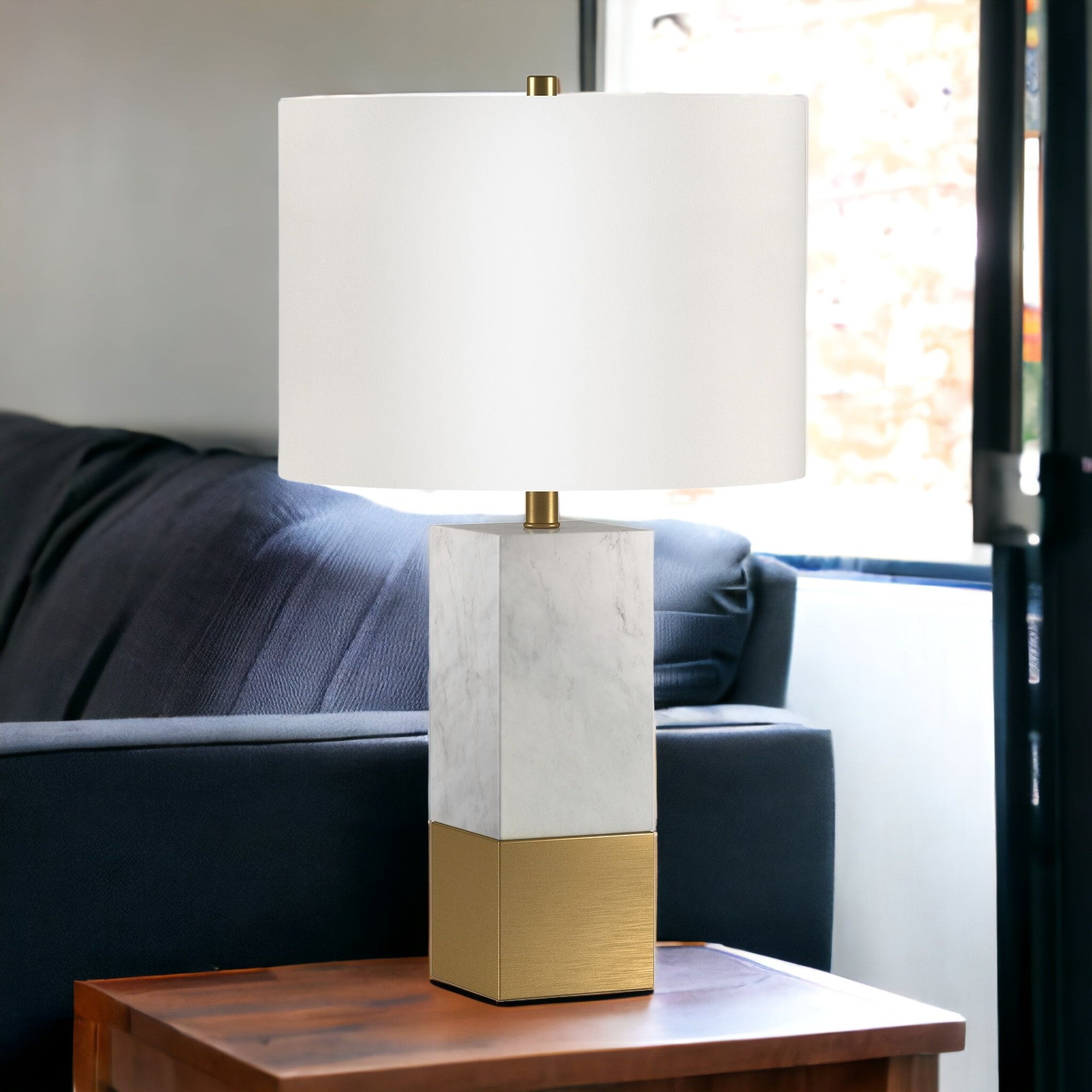 21" Gold and White Marble Table Lamp With White Drum Shade