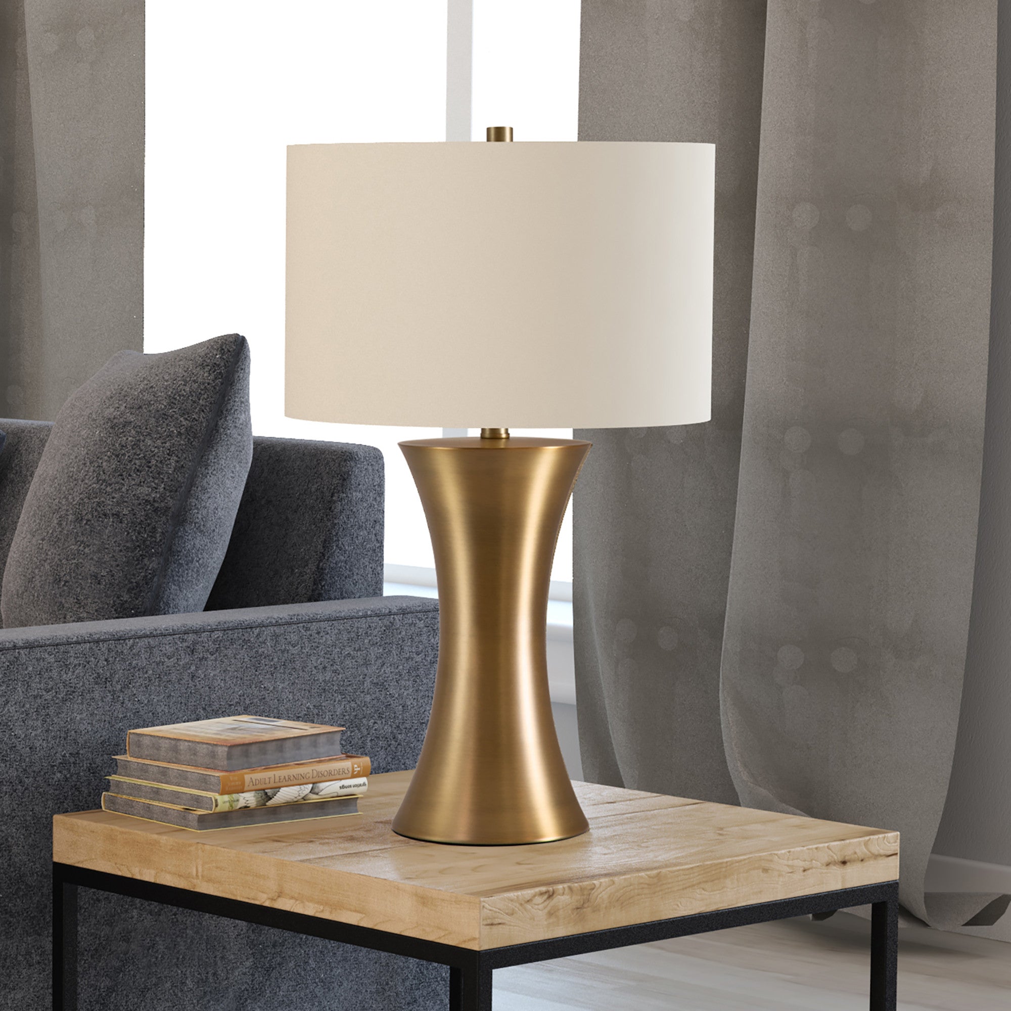 24" Antiqued Brass Metal Table Lamp With White Drum Shade