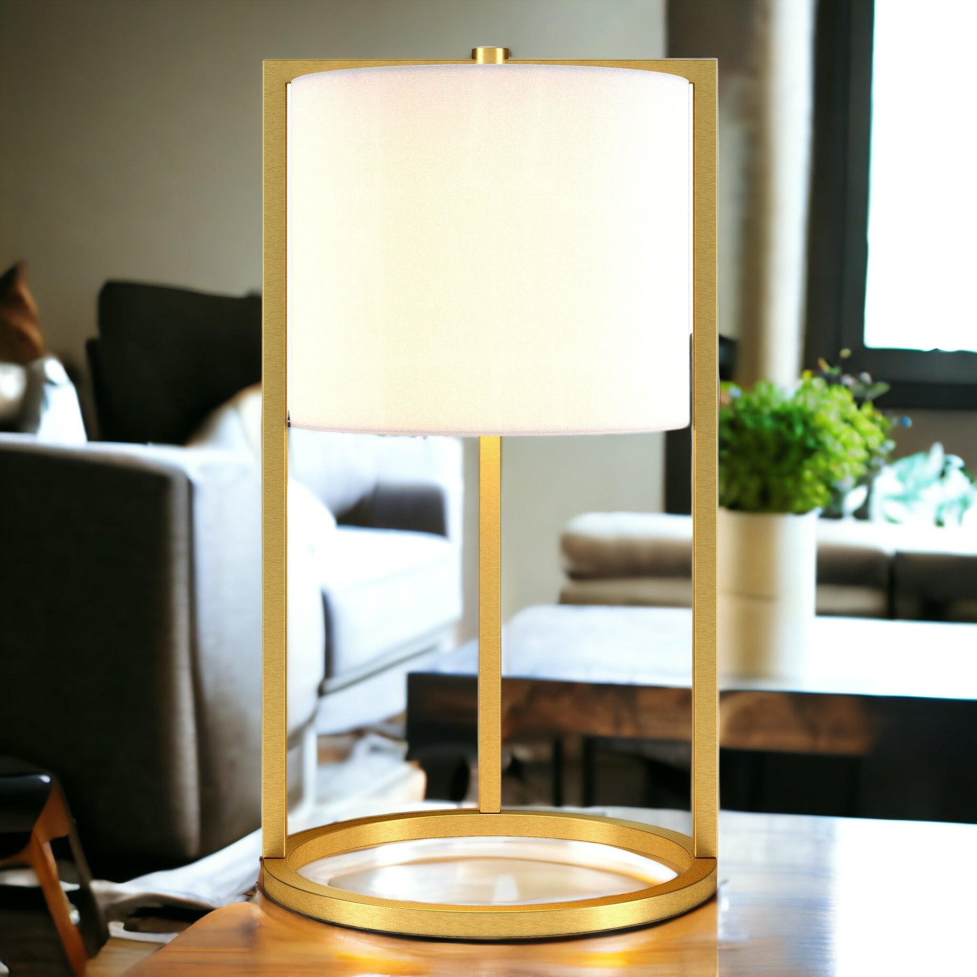 22" Brass Metal Table Lamp With White Drum Shade