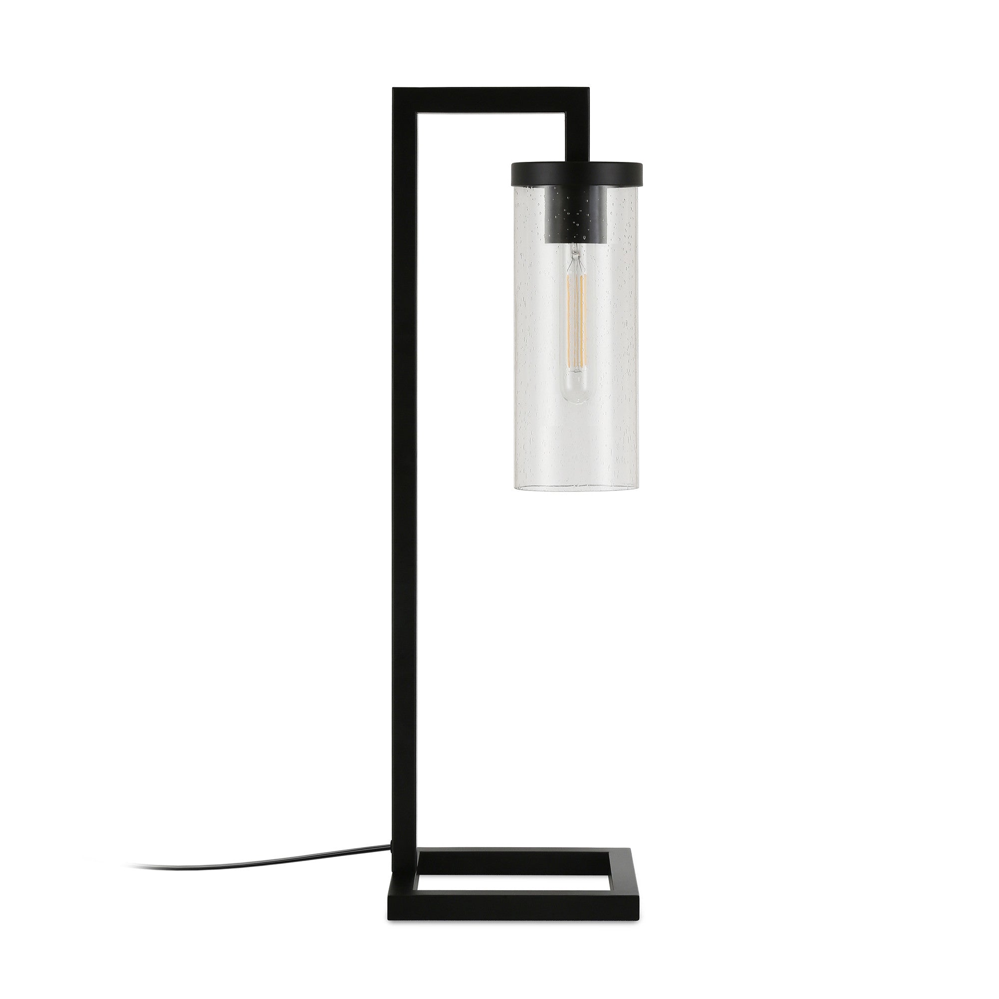 26" Black Metal Arched Table Lamp With Clear Seeded Cylinder Shade