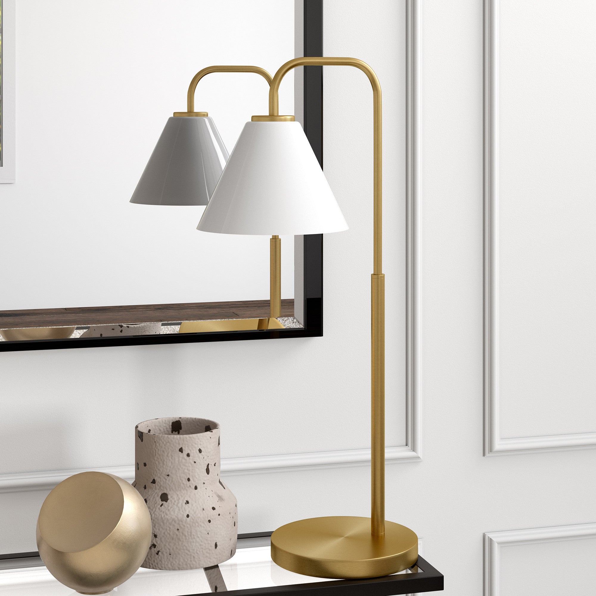 27" Brass Metal Arched Table Lamp With White Cone Shade