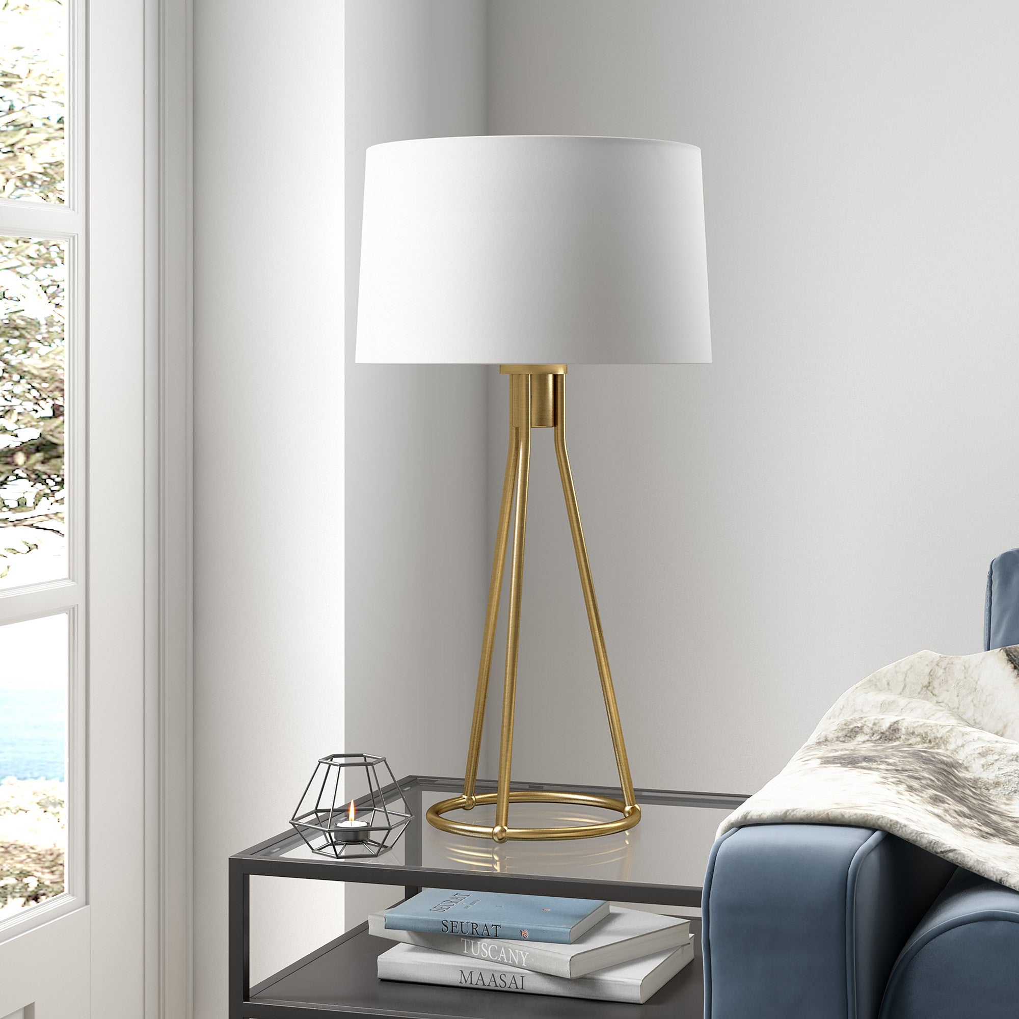 28" Brass Metal Table Lamp With White Drum Shade