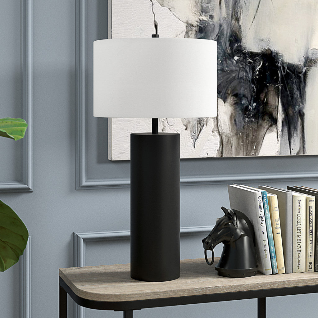 30" Black Metal Table Lamp With White Drum Shade