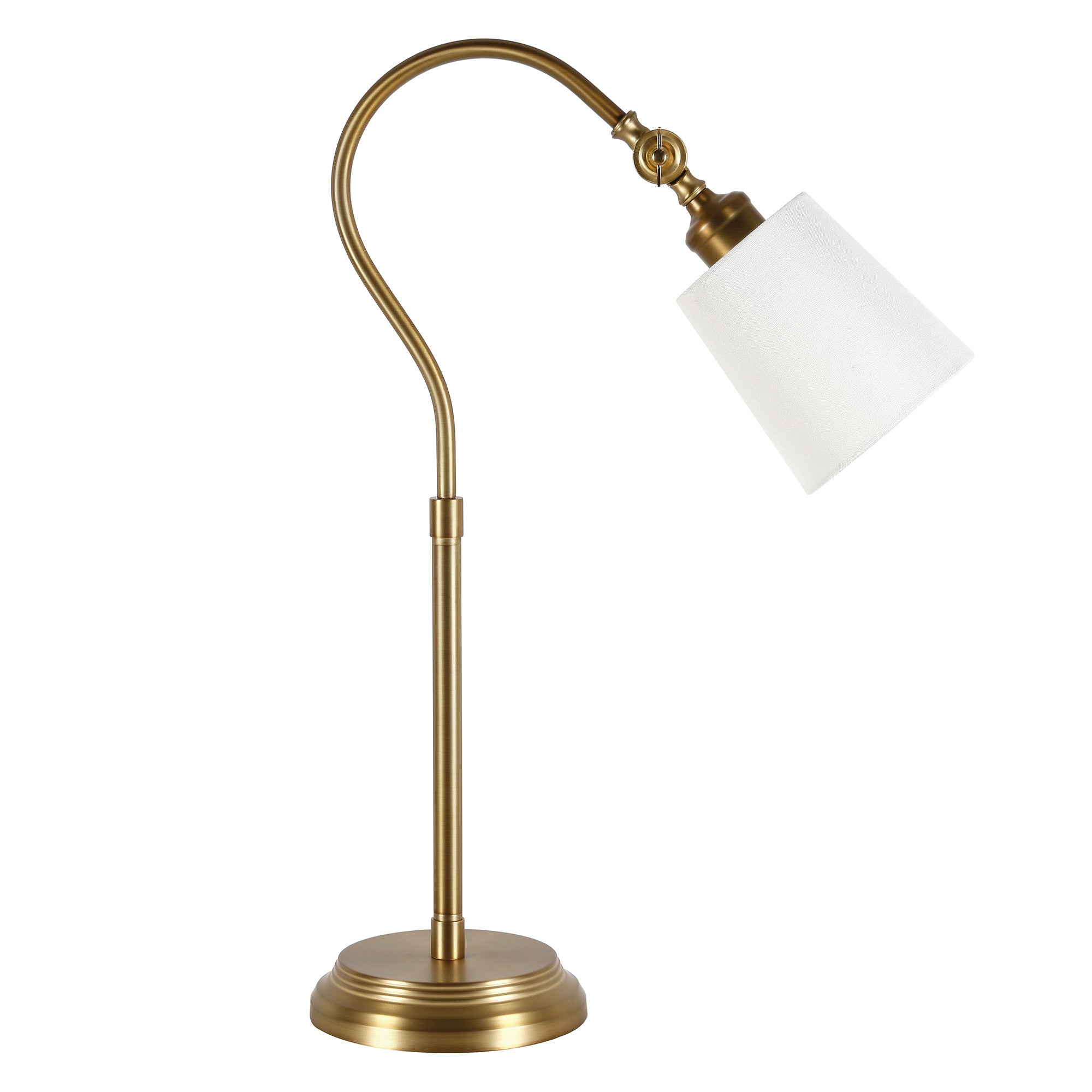 25" Brass Metal Arched Table Lamp With White Drum Shade