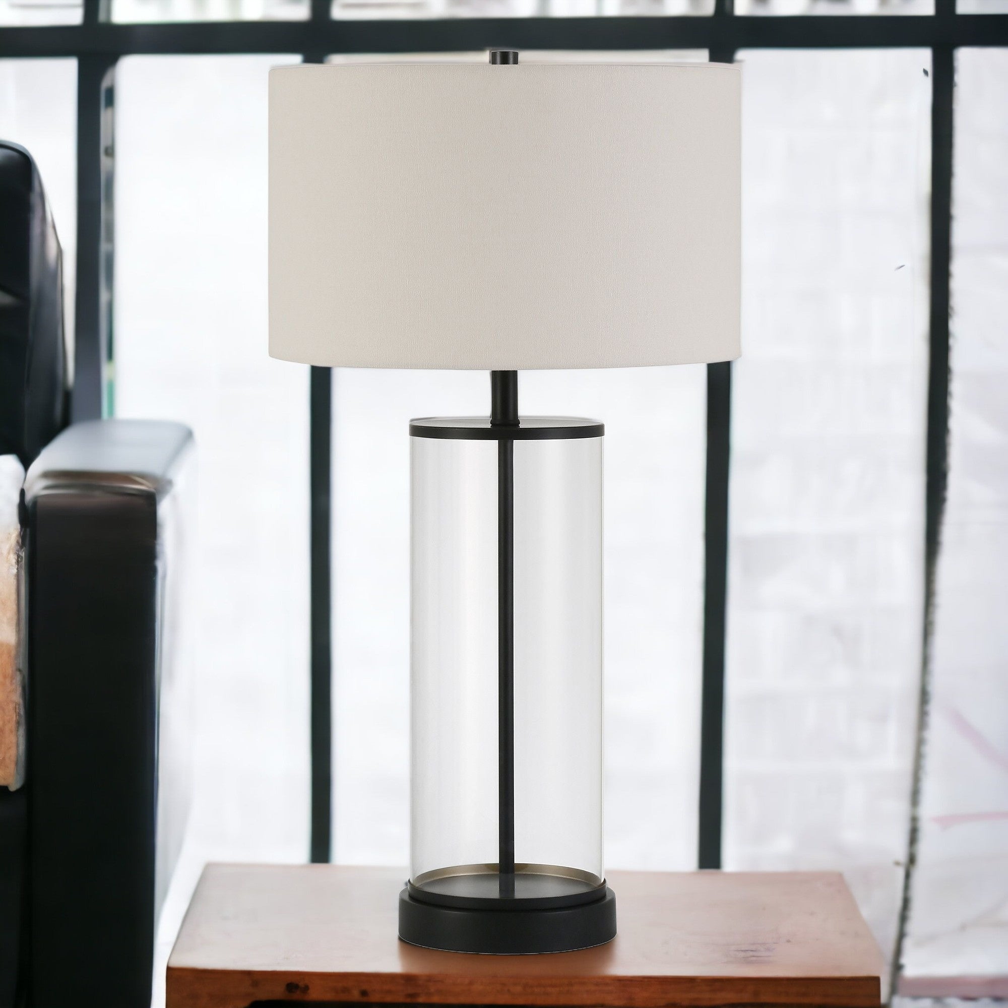 28" Black Glass Table Lamp With White Drum Shade