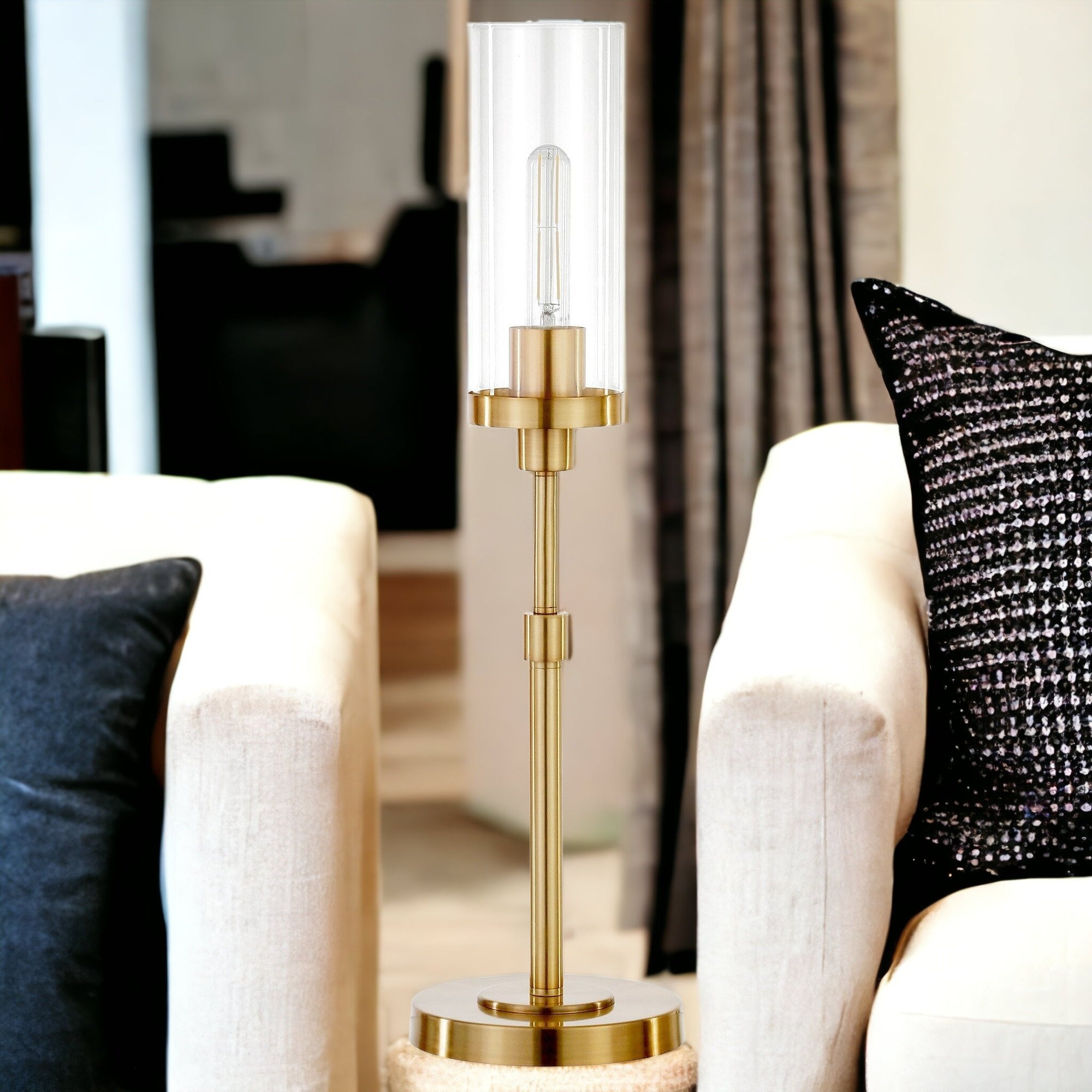 26" Brass Metal Table Lamp With Clear Cylinder Shade