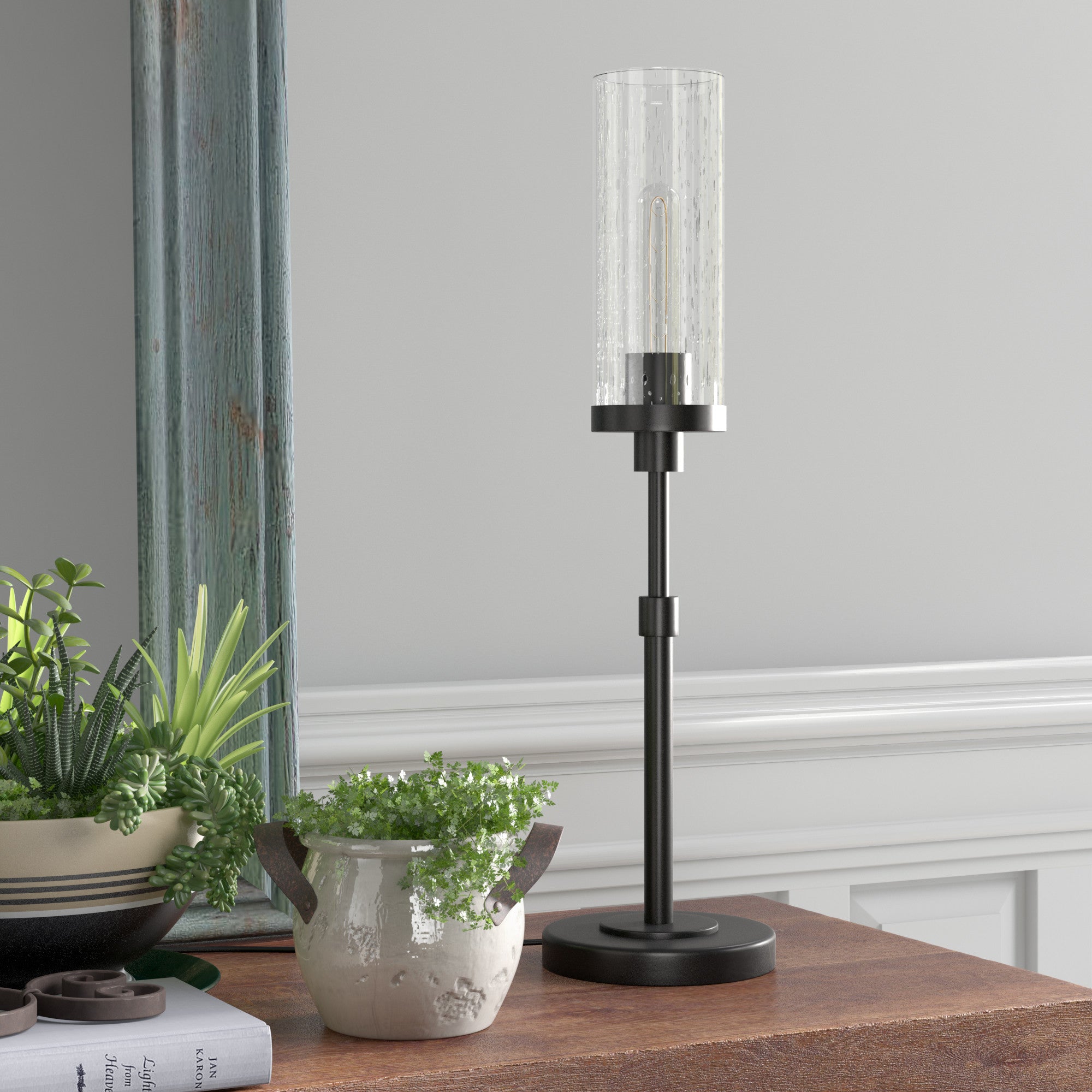 26" Black Metal Table Lamp With Clear Seeded Cylinder Shade