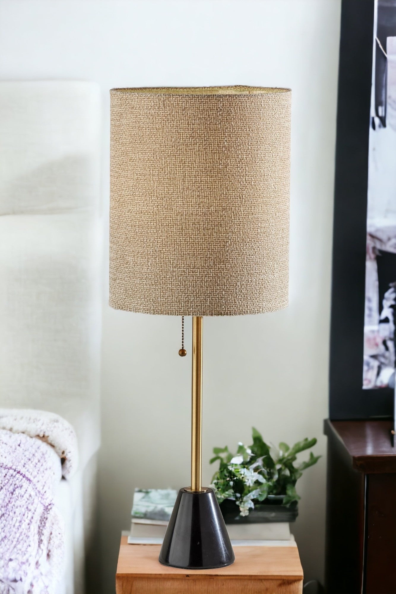 28" Black and Gold Metal Cylinder Table Lamp With Beige Drum Shade