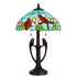 22" Bronze Two Light Tiffany Table Lamp With Aqua and Red Floral Shade