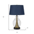 30" Antiqued Brass and Glass Table Lamp With Navy Blue Empire Shade