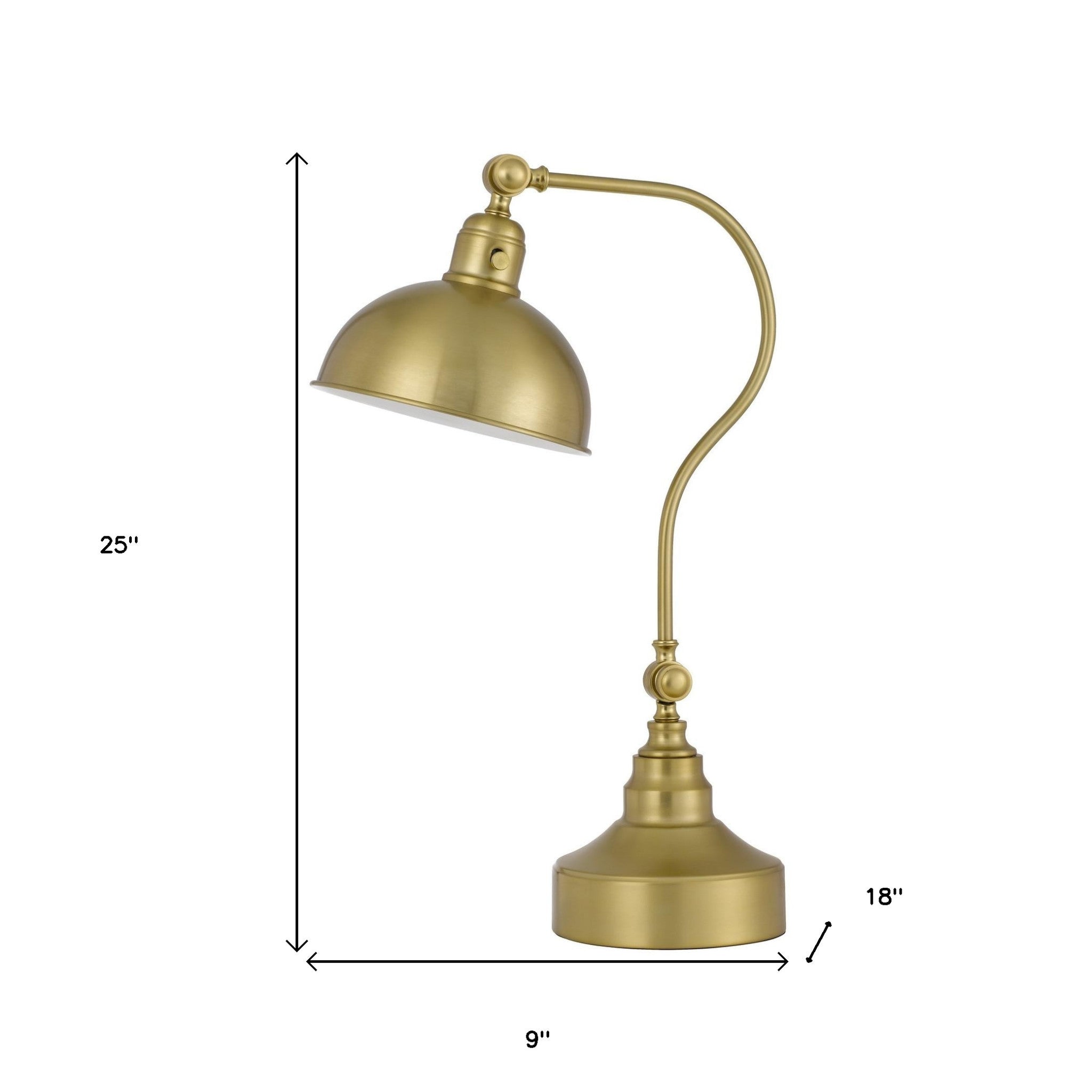 25" Antiqued Brass Metal Desk Table Lamp With Antiqued Brass Dome Shade