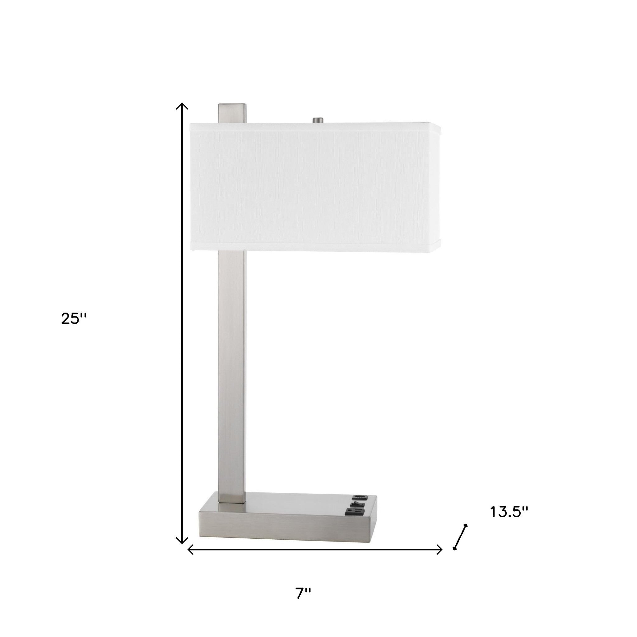 25" Nickel Metal Desk Usb Table Lamp With White Rectangular Shade