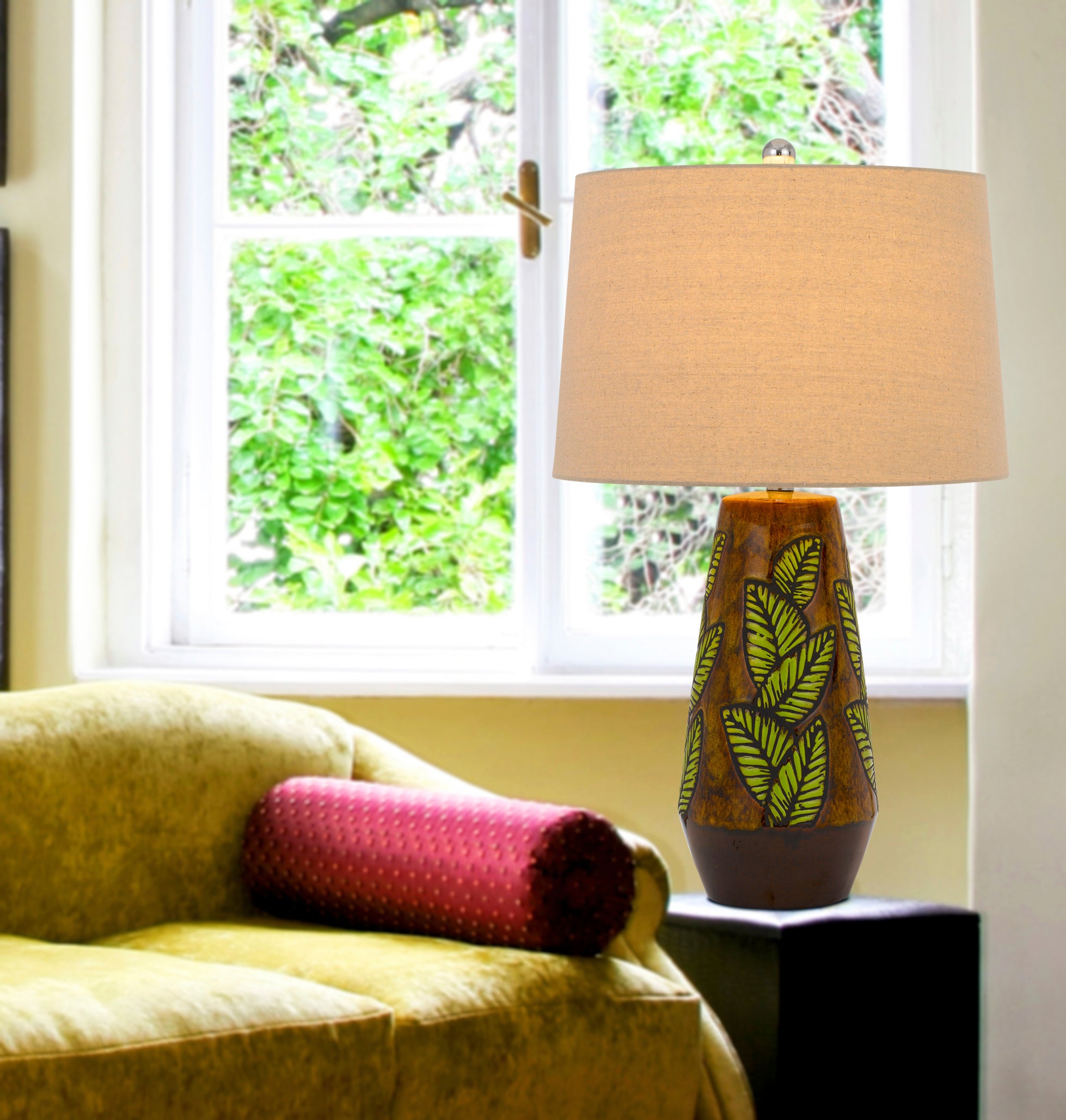 29" Brown Ceramic Table Lamp With Tan Empire Shade