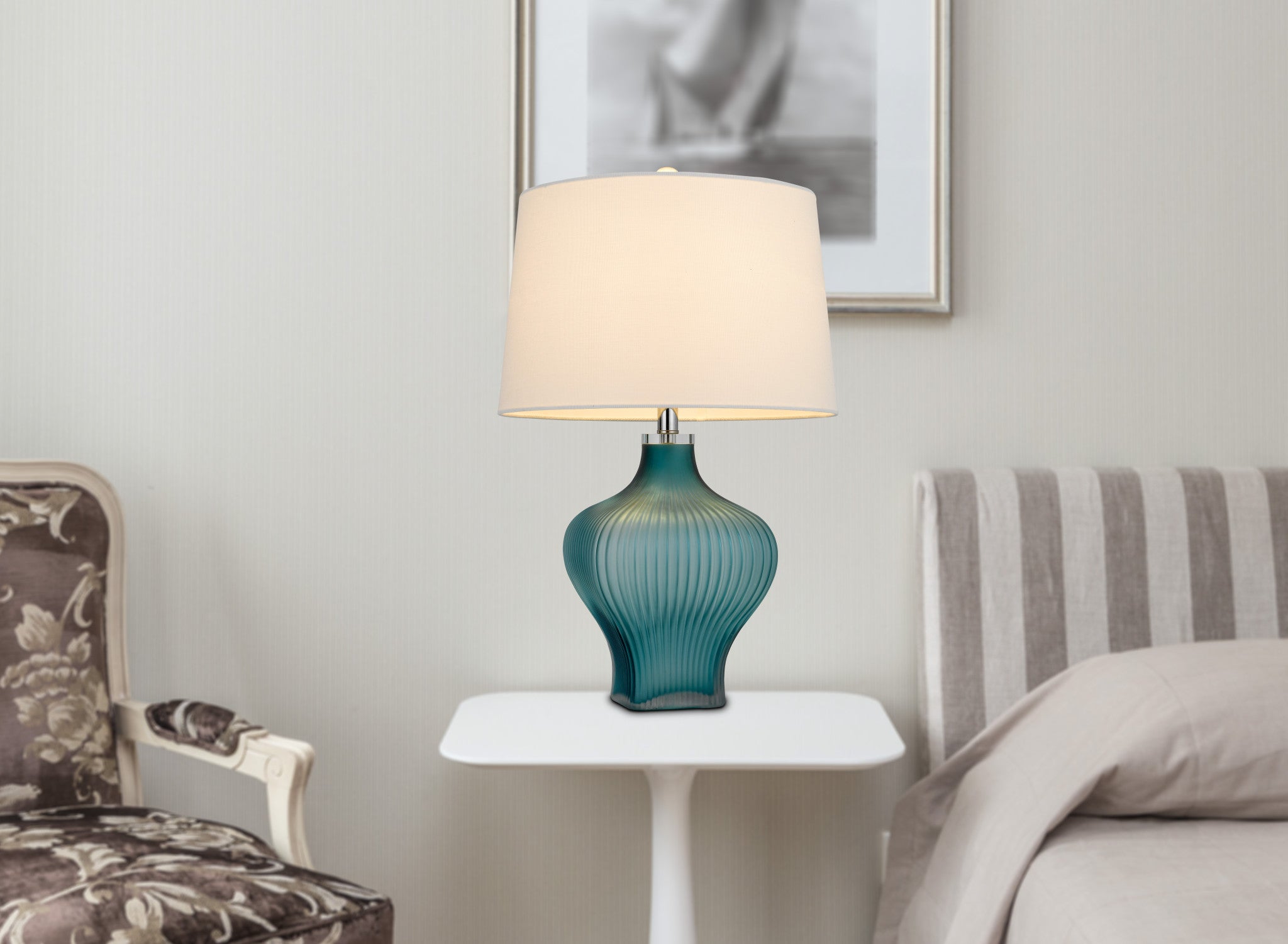 26" Aqua Glass Table Lamp With White Empire Shade