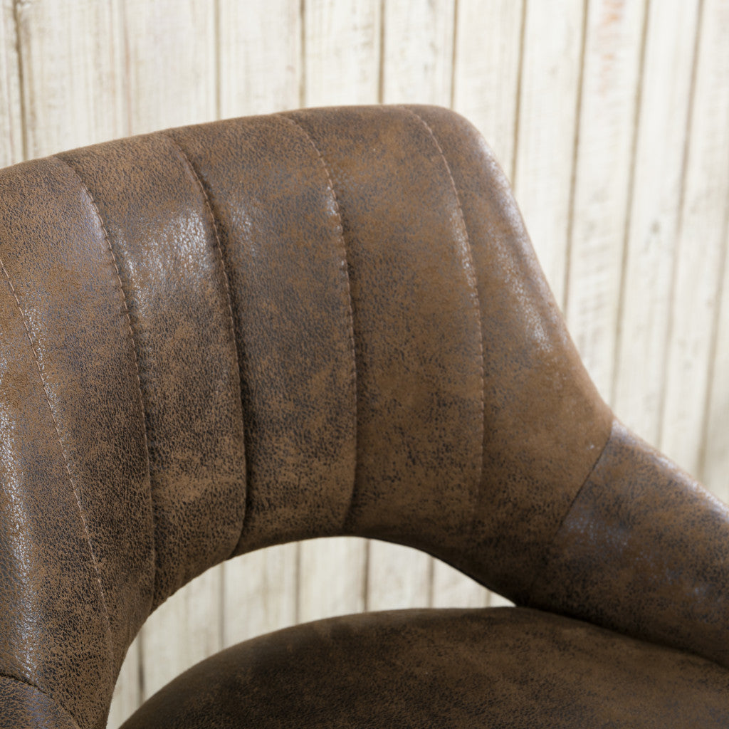 Set of Two 32" Brown And Black Faux Leather And Steel Swivel Low Back Adjustable Height Bar Chairs