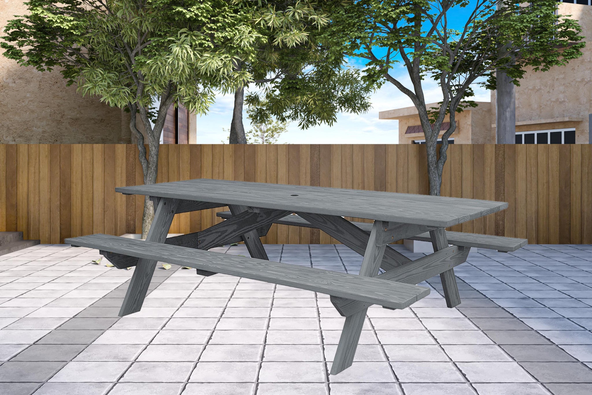 94" Gray Solid Wood Outdoor Picnic Table with Umbrella Hole